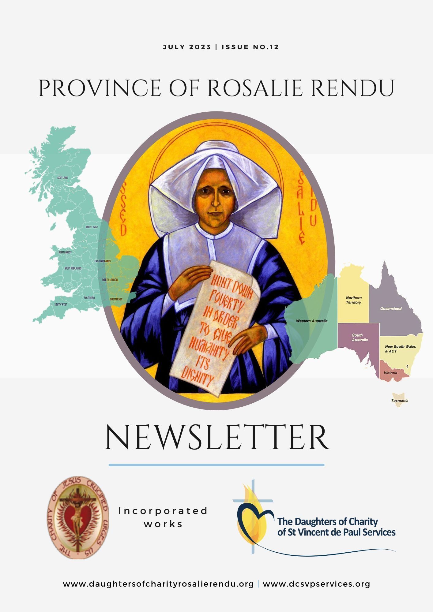 Newsletter cover with illustration of Rosalie Rendu, map of UK/Australia, and logos.
