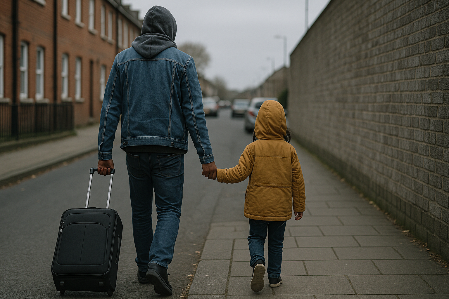 A man with a suitcase and child in a yellow jacket walk down a sidewalk, holding hands.
