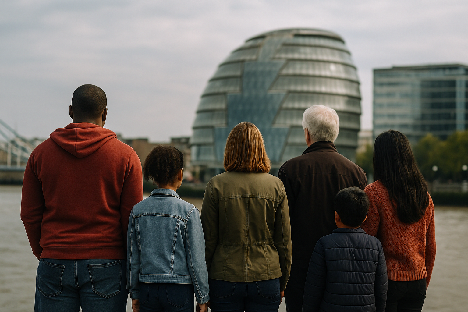 Family looking at City Hall building in London, England.