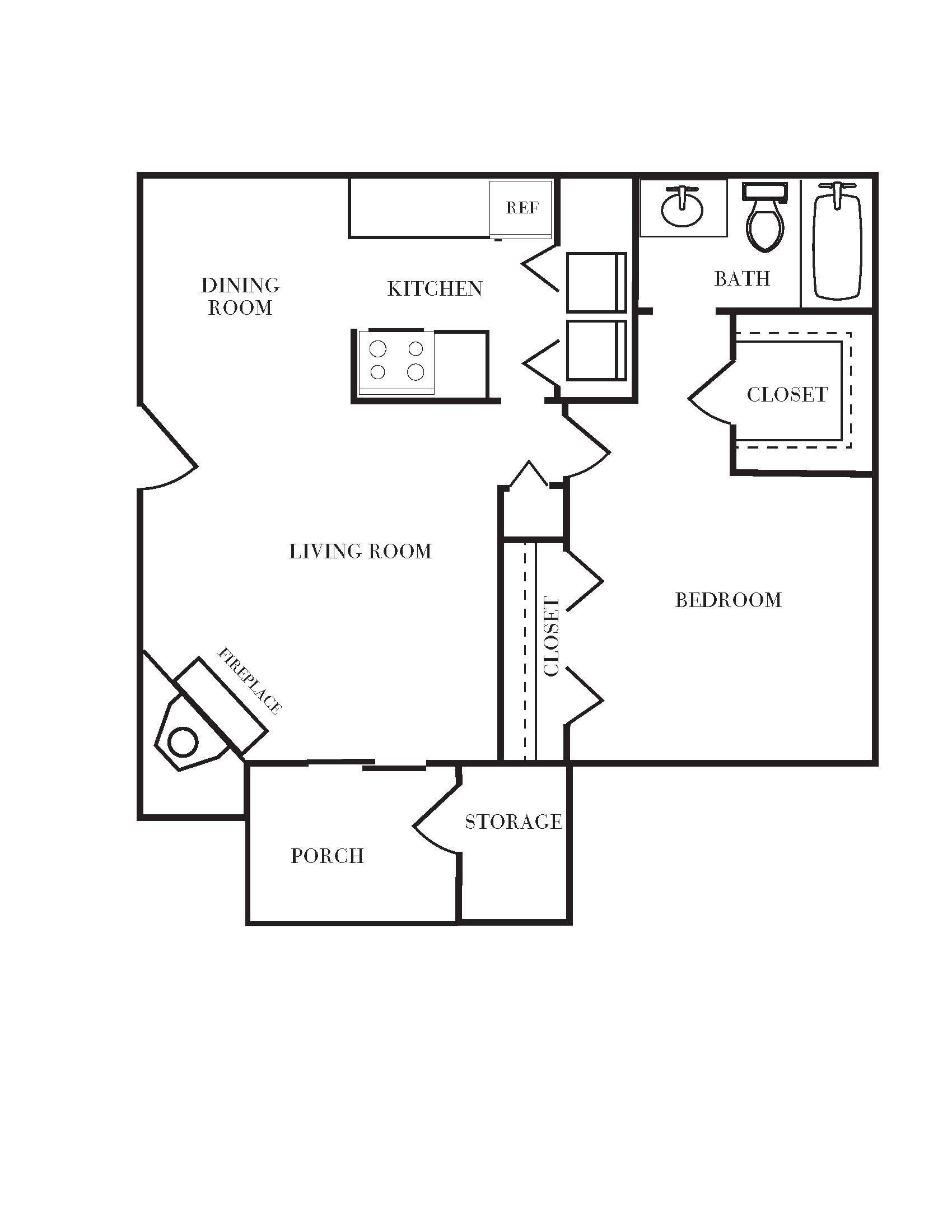 A black and white floor plan of a small apartment.