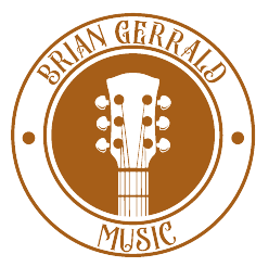 A logo for brian gerald music with a guitar headstock