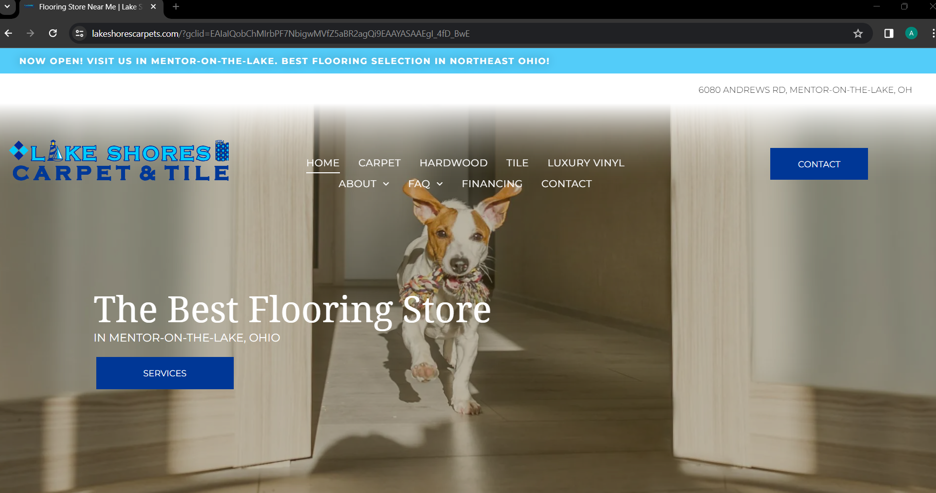 A dog is standing in front of a door on the carpet and tile website.