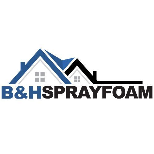 The logo for b & h spray foam shows a house with a blue roof.