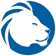 A white lion in a blue circle with its eyes closed