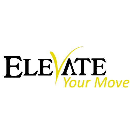 The logo for elevate your move is black and yellow.