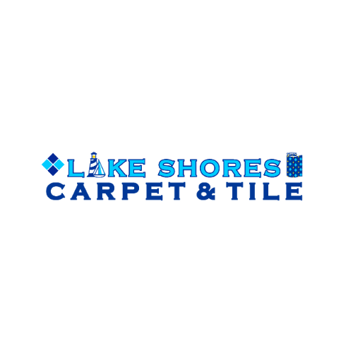 The logo for lake shores carpet and tile is blue and white.