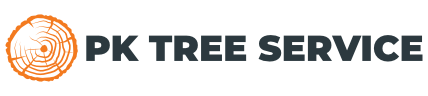 A logo for pk tree service with a tree stump in the middle.