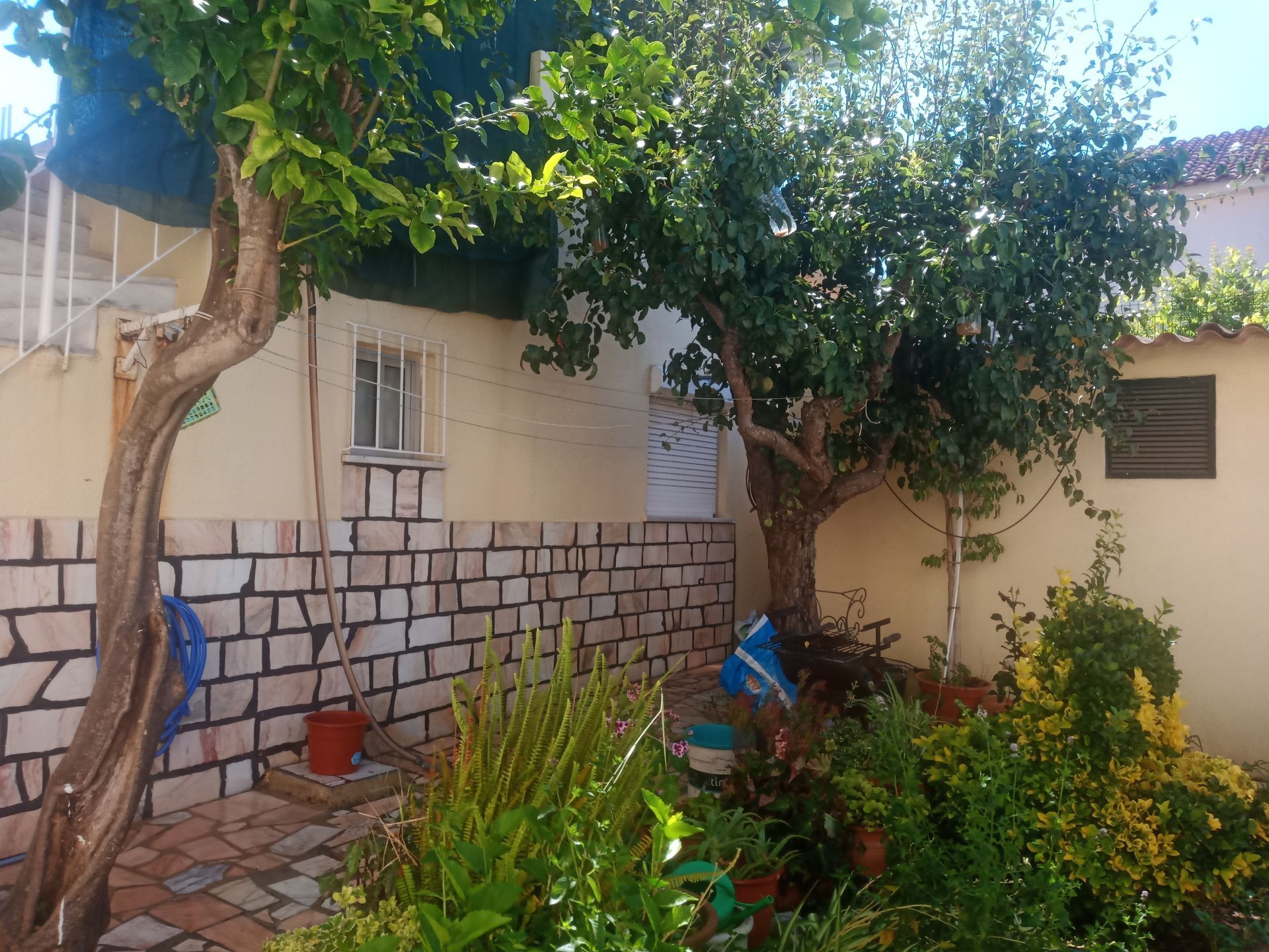 Um jardim com muro de tijolos, árvores e vegetação em frente a um prédio de cor clara.