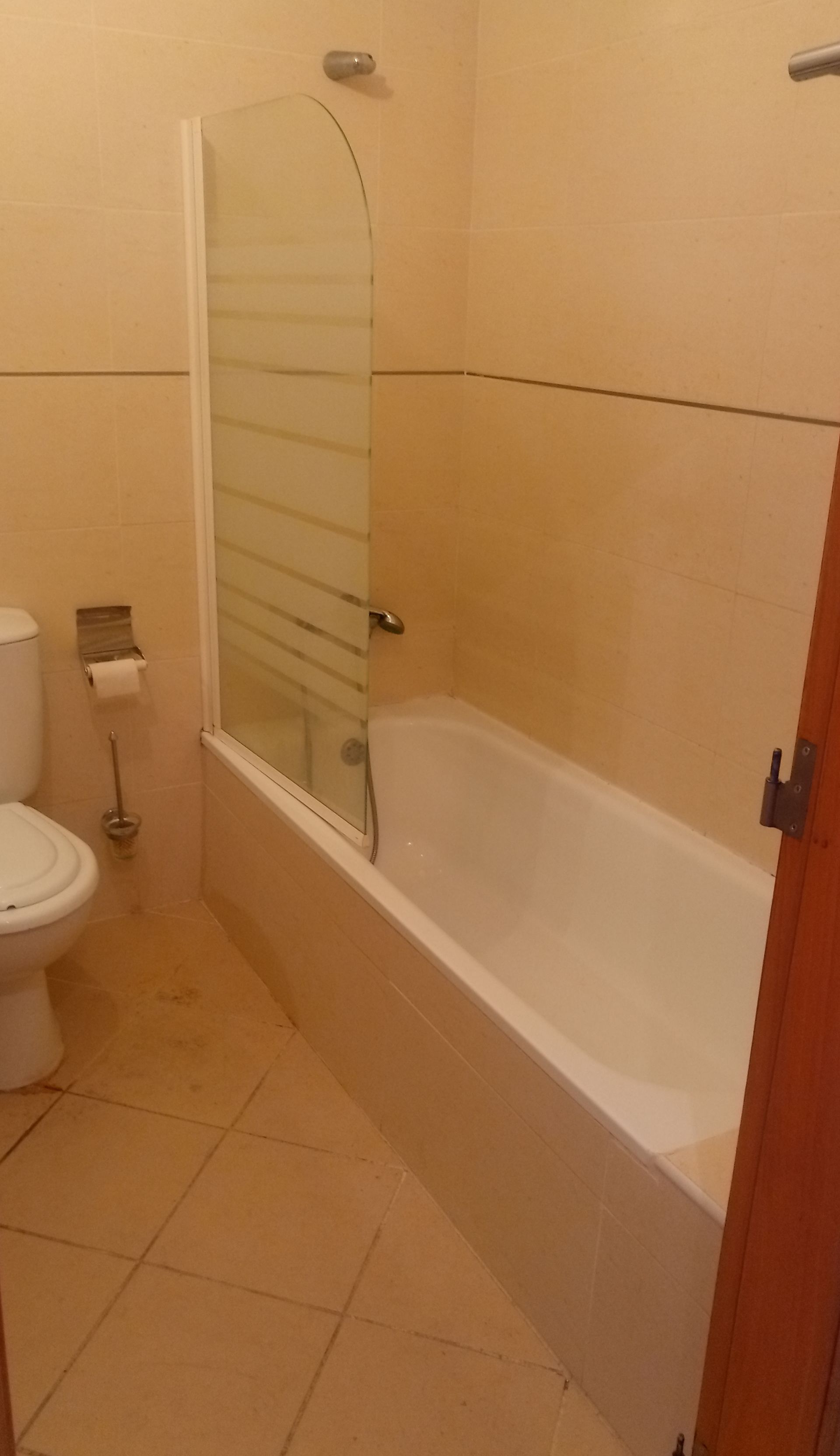 Banheiro com banheira branca, box de vidro e vaso sanitário. Paredes e piso bege.