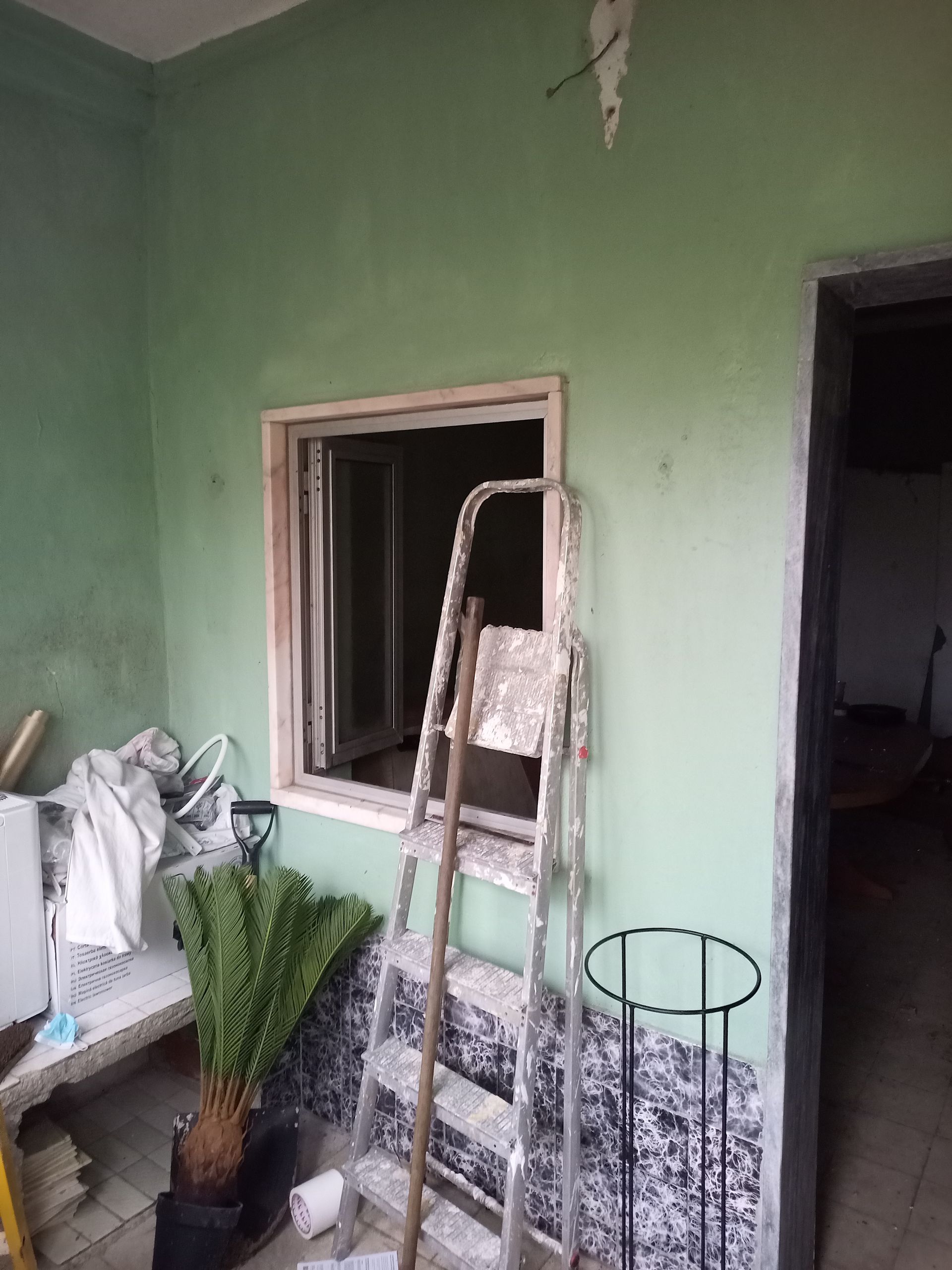 Quarto com paredes verdes, janela aberta, escada, vaso de planta e porta.