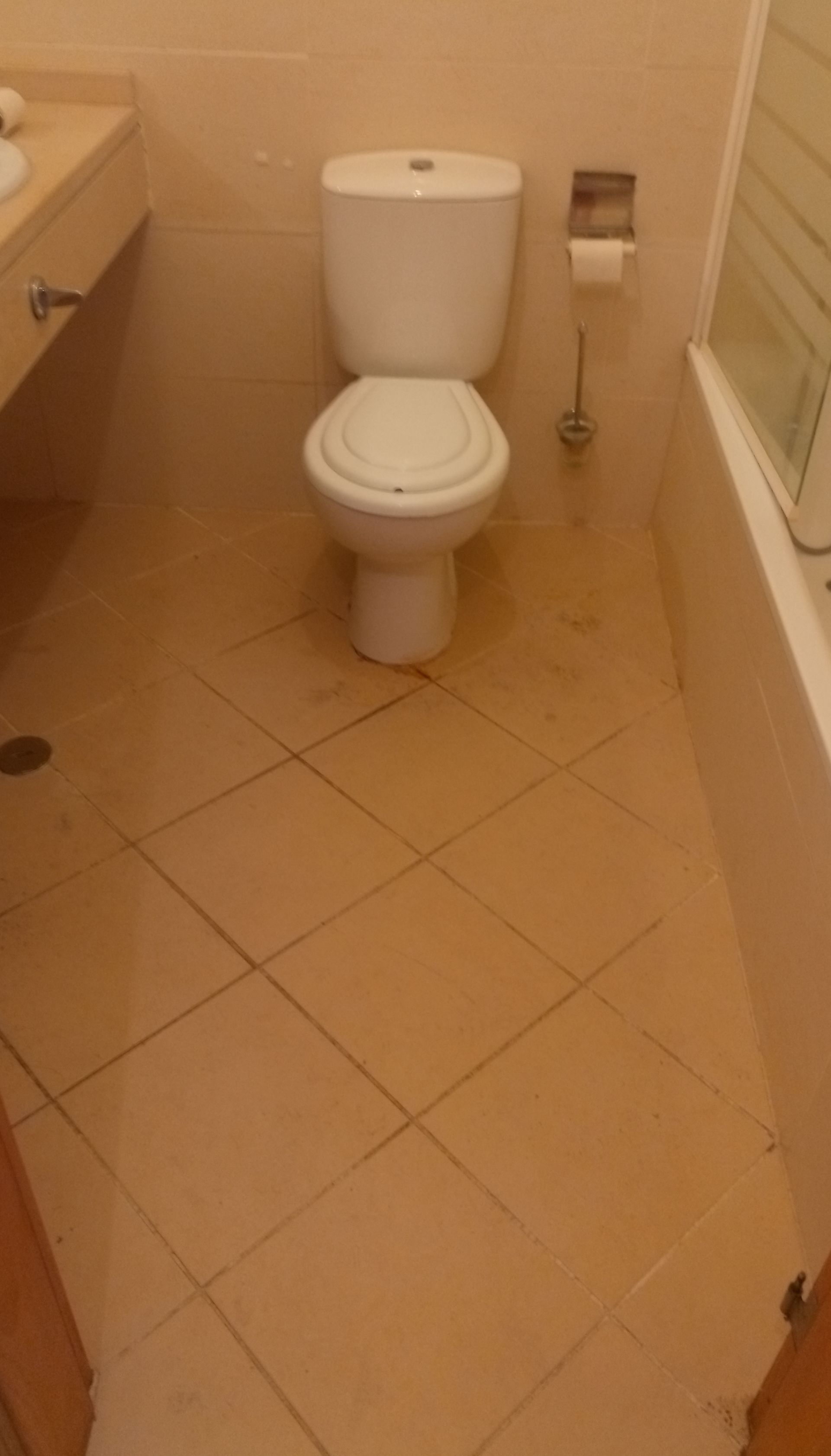 Banheiro com vaso sanitário branco, piso de azulejo bege e pia ao lado de uma banheira.