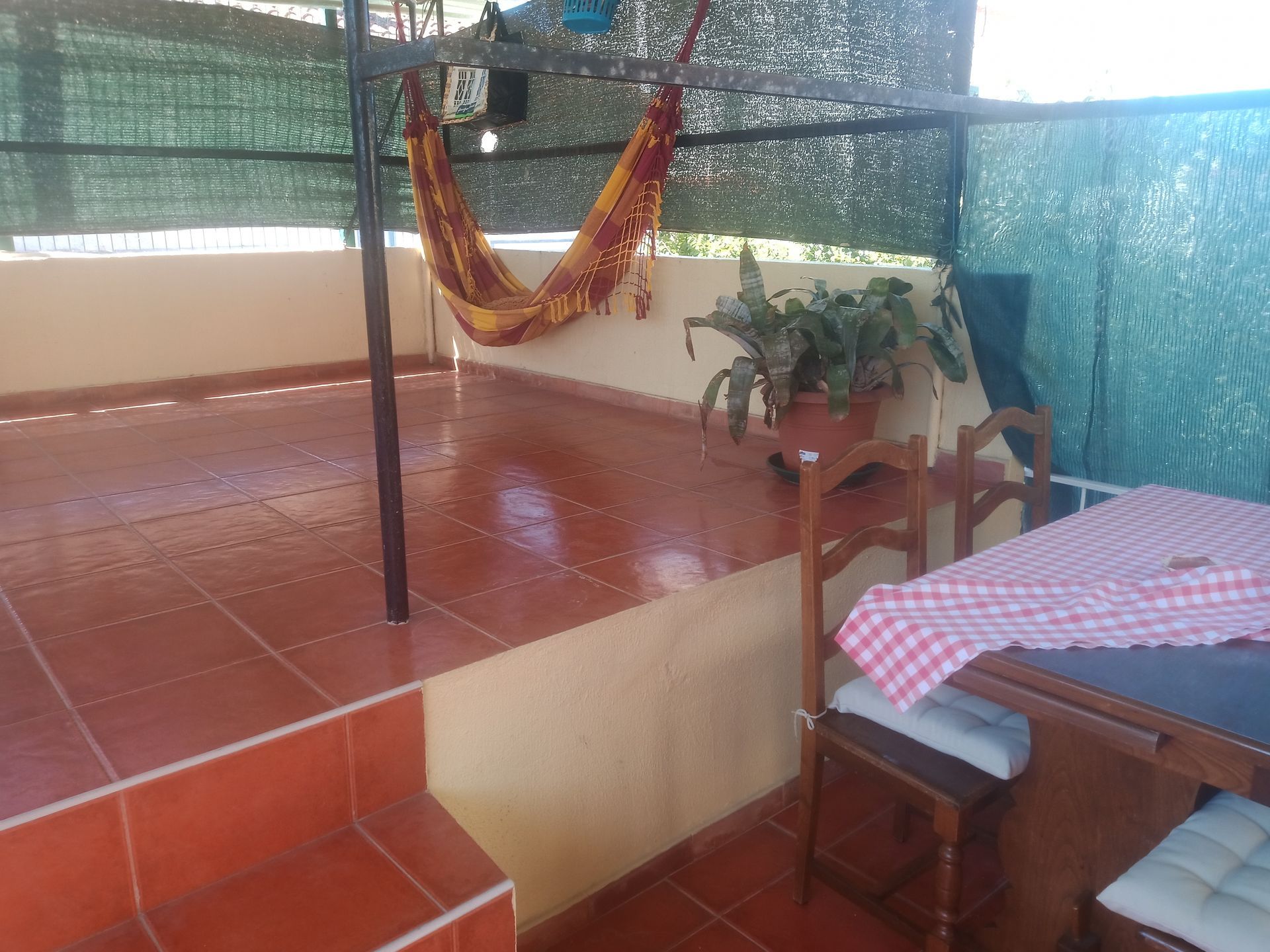Terraço com piso de ladrilho vermelho, rede, mesa com toalha xadrez e planta em vaso.