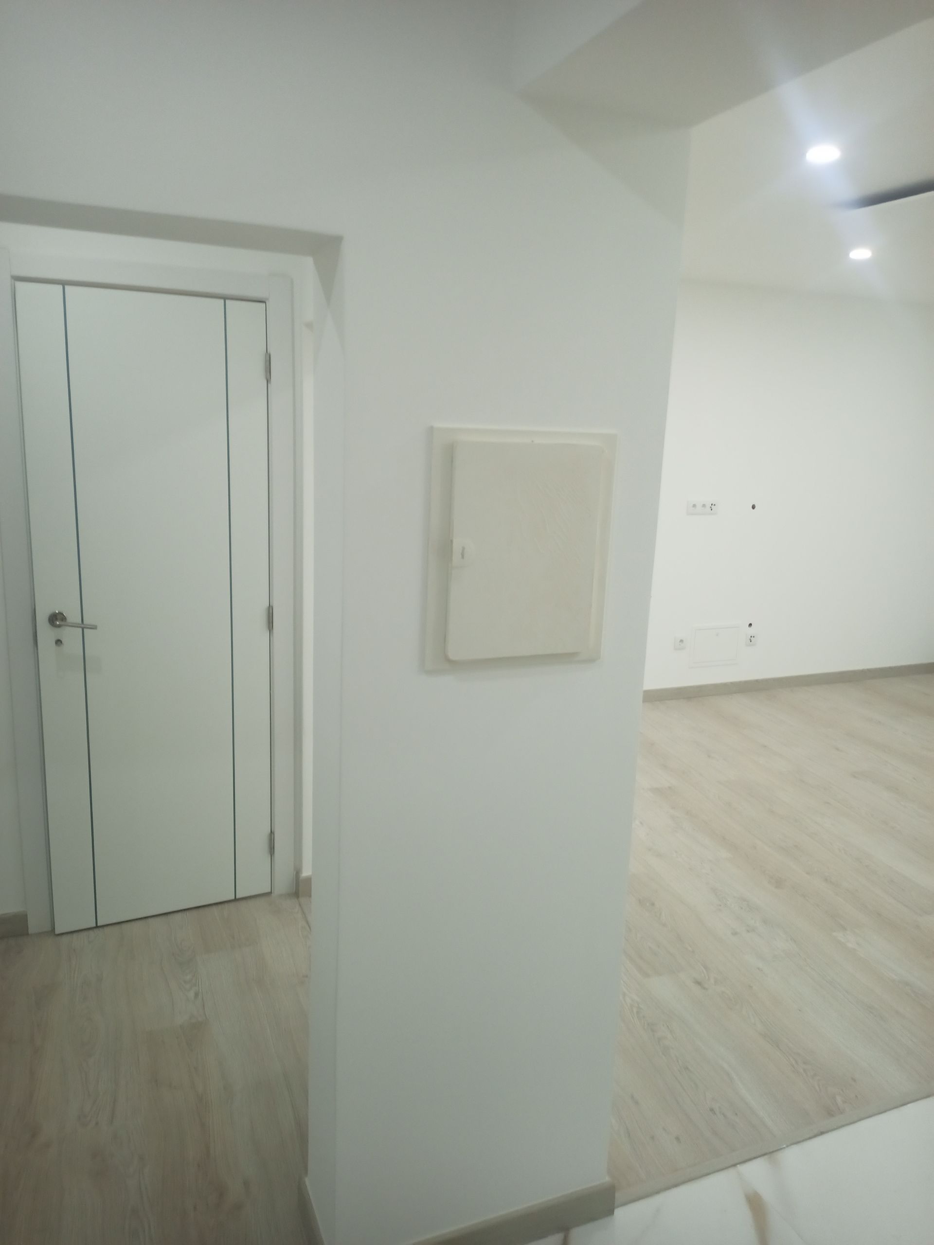Porta e parede brancas com painel elétrico em uma sala com piso de madeira clara.