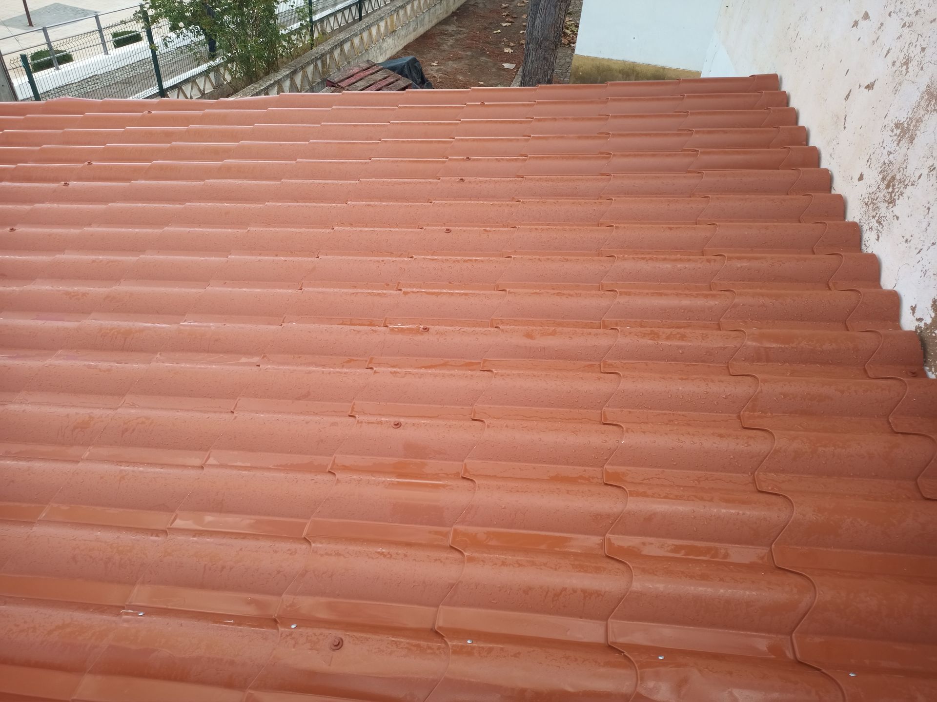 Telhado de telha vermelha, vista de perto. Fileiras de telhas curvas cobrem o telhado, visto de cima. Luz natural intensa.