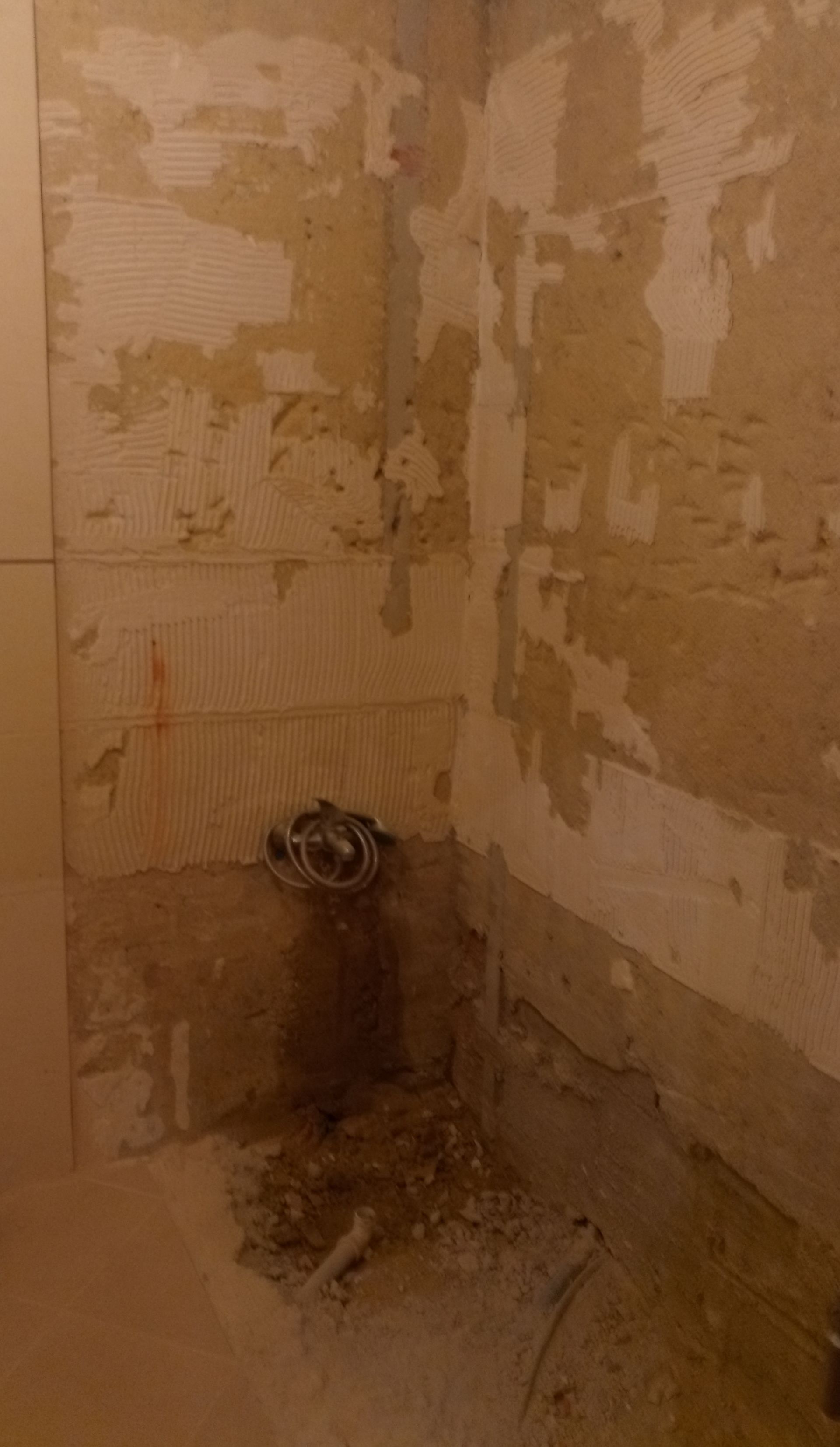 Canto de um banheiro, paredes sem azulejos e gesso. Fiação elétrica visível. Entulho no chão.