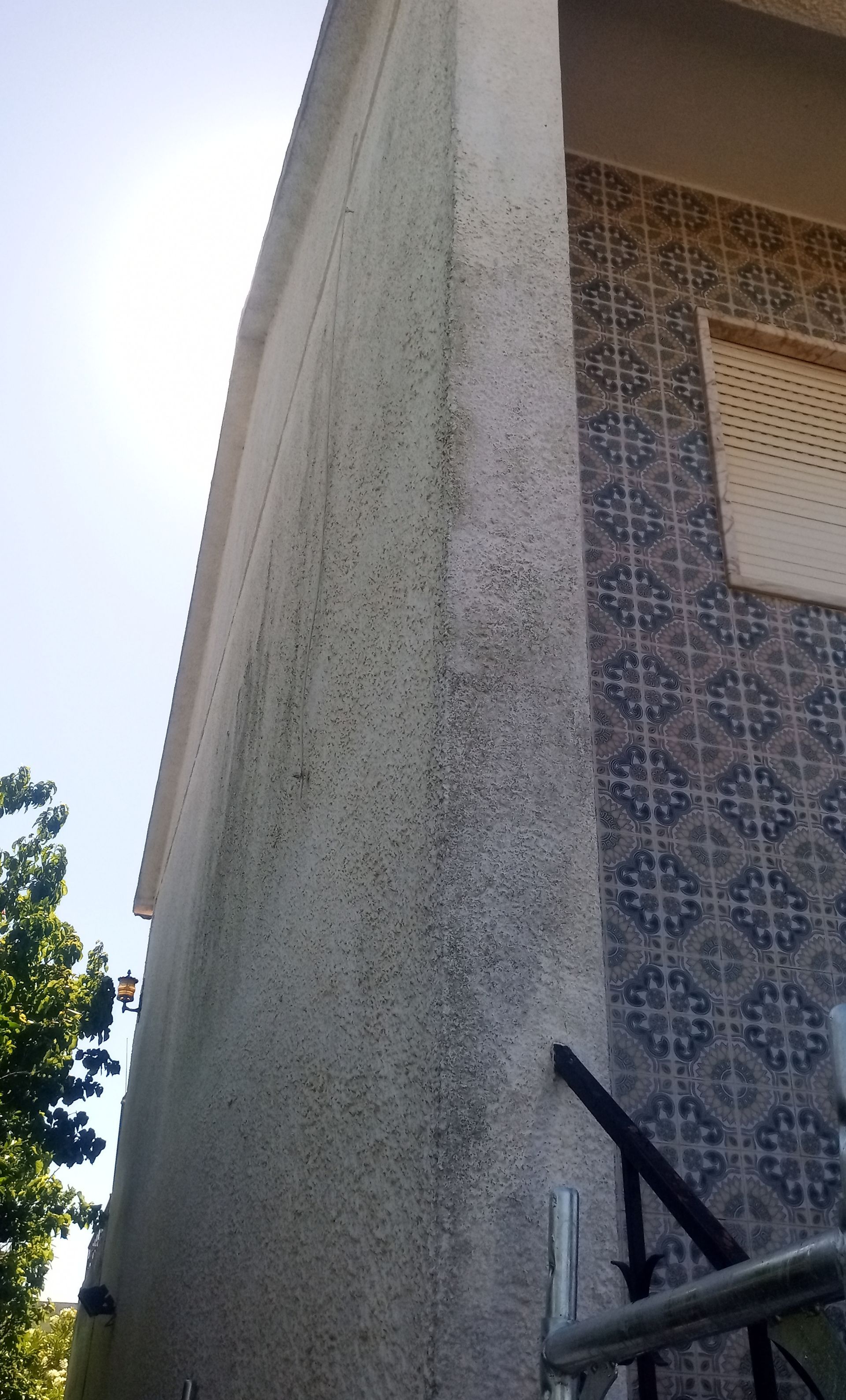 Exterior do edifício com parede de estuque texturizado cinza ao lado de uma parede de azulejos estampados.