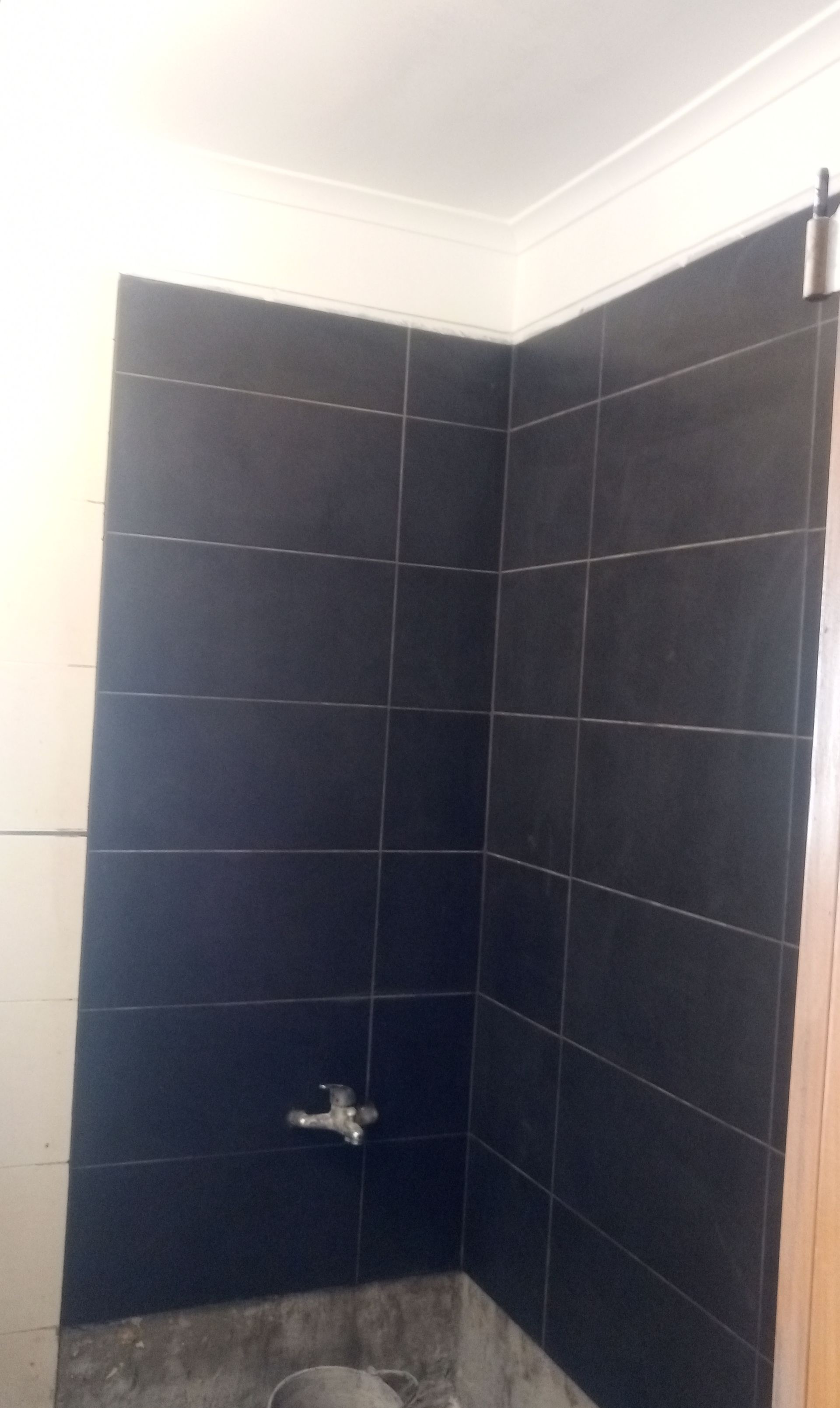 Box de chuveiro com azulejos pretos em um banheiro; moldura branca no teto, torneira prateada e paredes parcialmente visíveis.