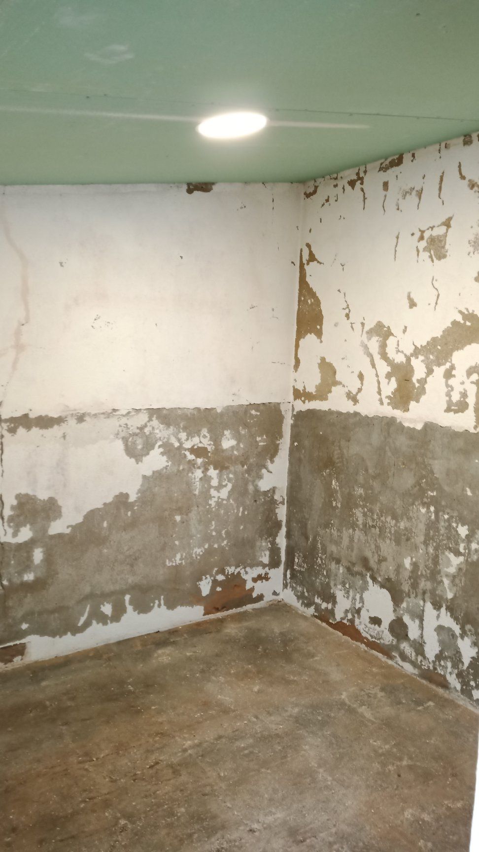 Um quarto escuro com tinta descascando nas paredes e uma única lâmpada no teto.