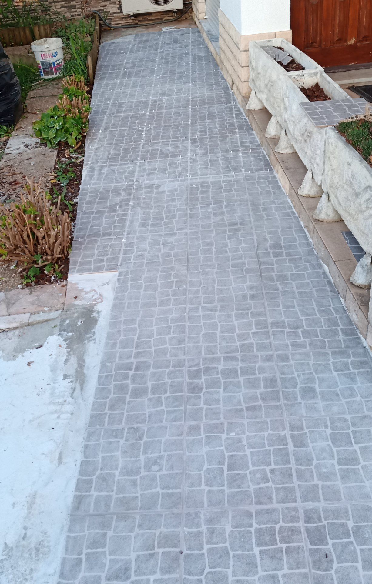 Calçada de paralelepípedos cinzentos que leva à entrada de um edifício, com plantas nas laterais.