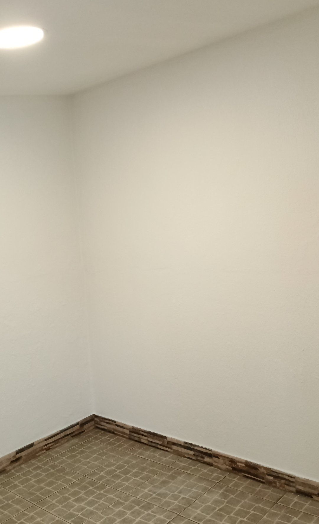 Quarto vazio com paredes em tom creme, rodapé marrom e carpete estampado. Uma luminária de teto ilumina o canto.