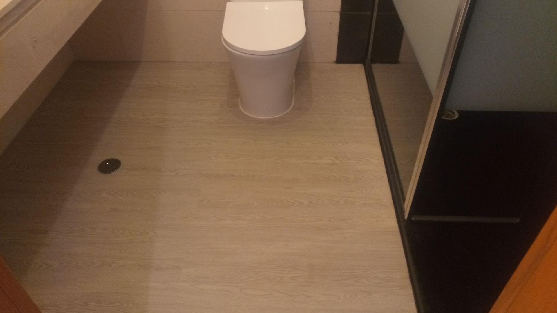 Vaso sanitário em um banheiro com piso claro, chuveiro à direita.