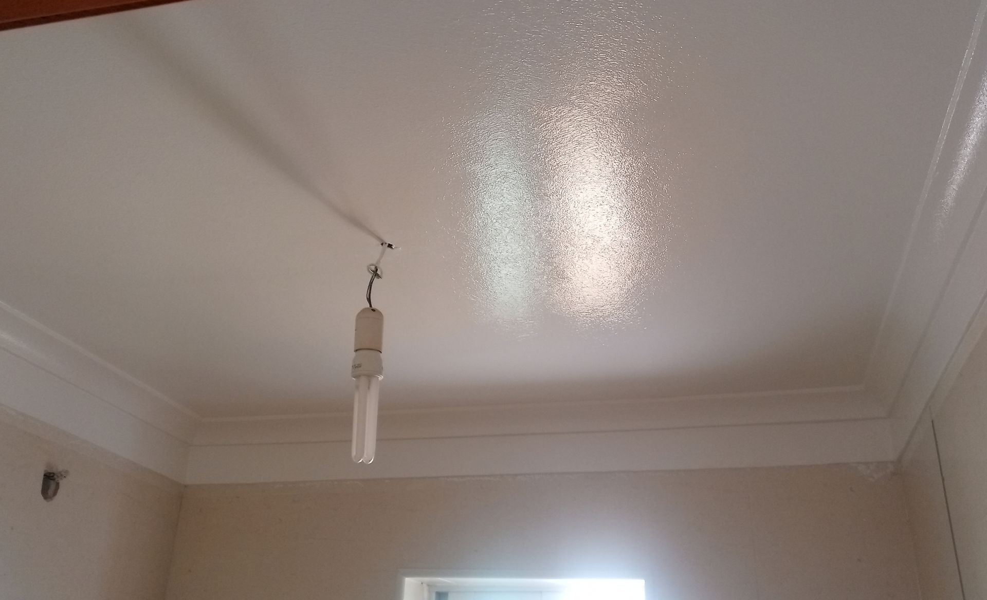 Teto branco com moldura decorativa e uma lâmpada fluorescente pendente.