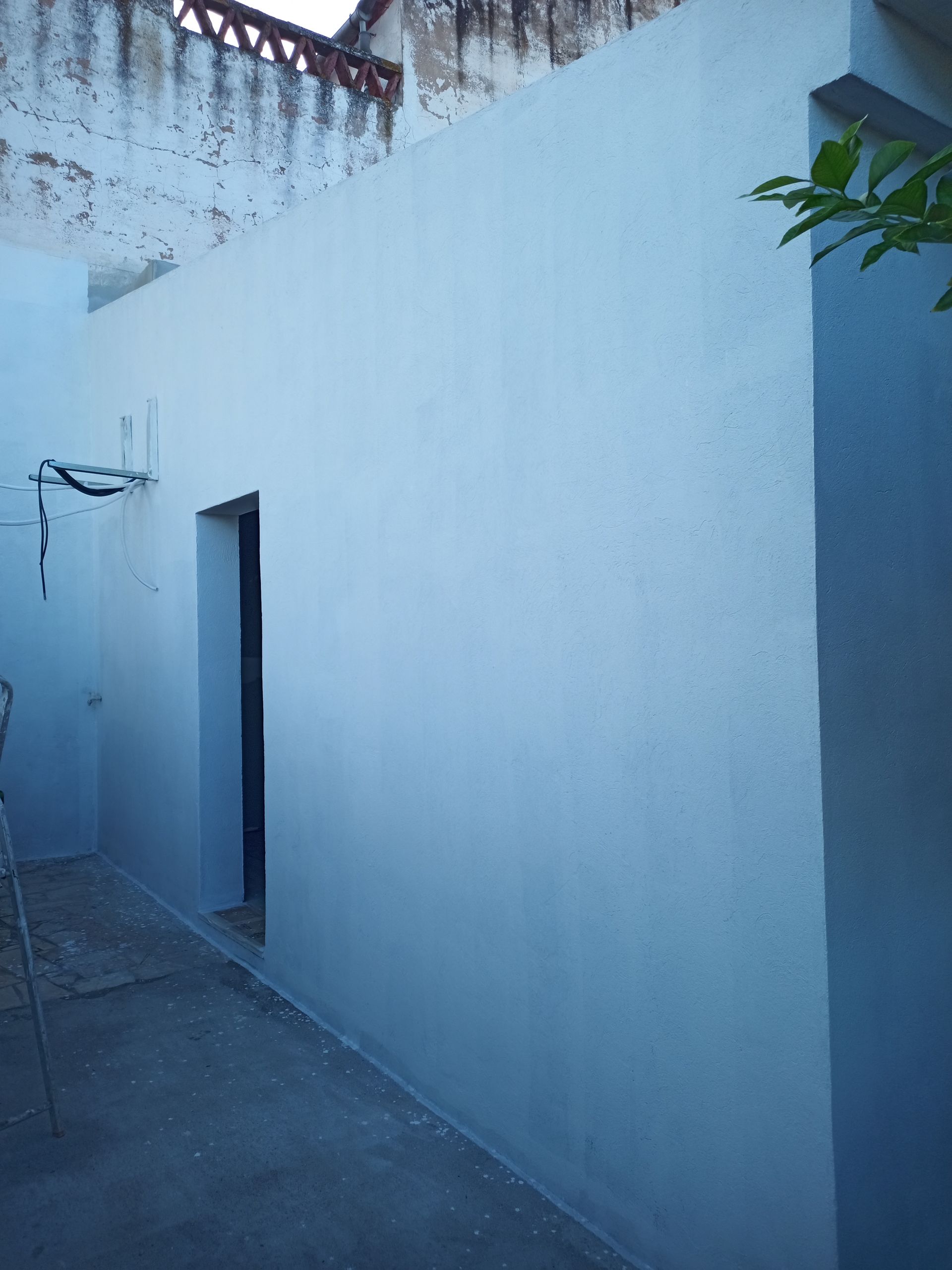 Parede externa branca com uma porta e um caminho sombreado.