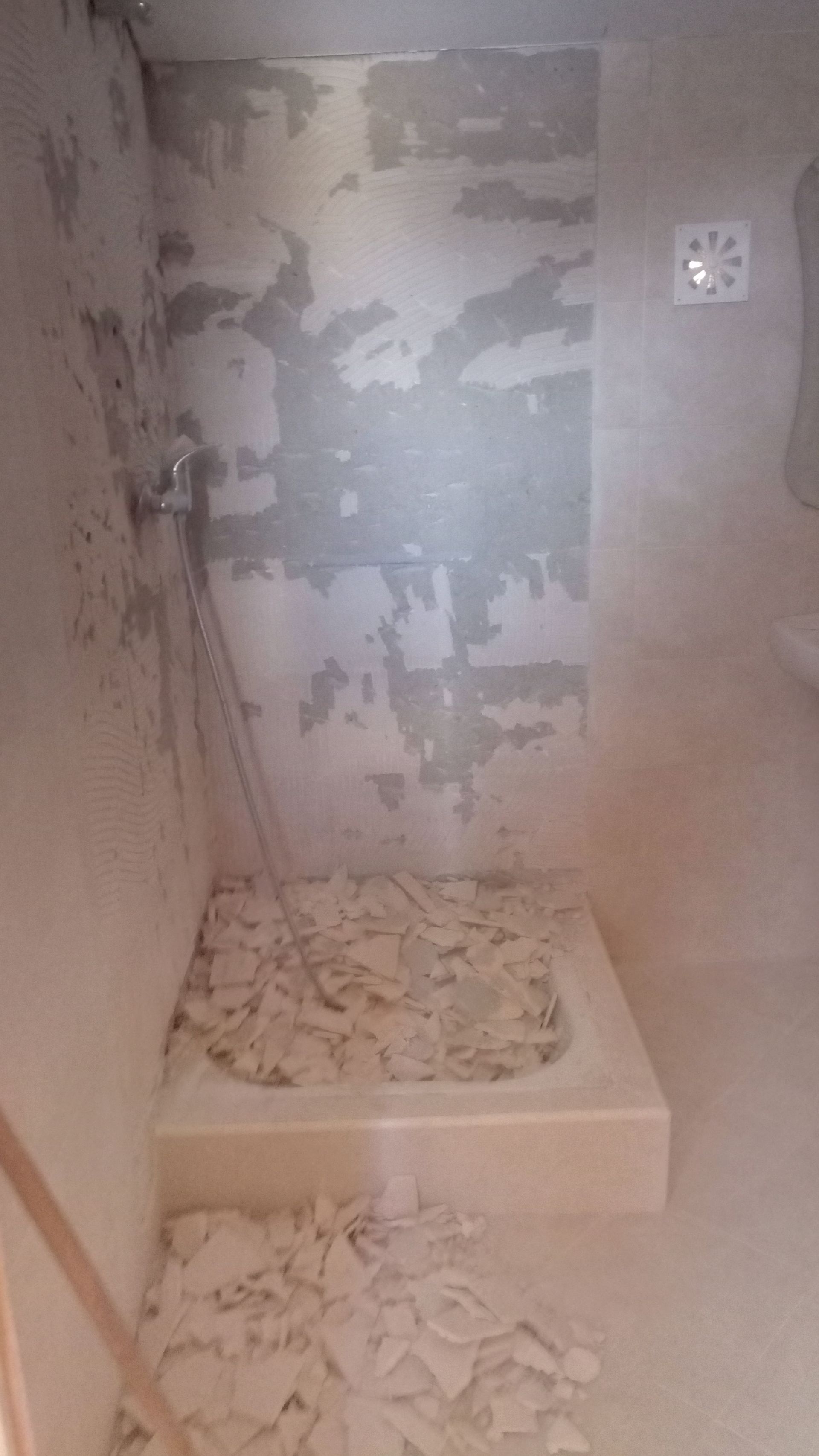 Cabine de duche com paredes a descascar, detritos no chão e um chuveiro.