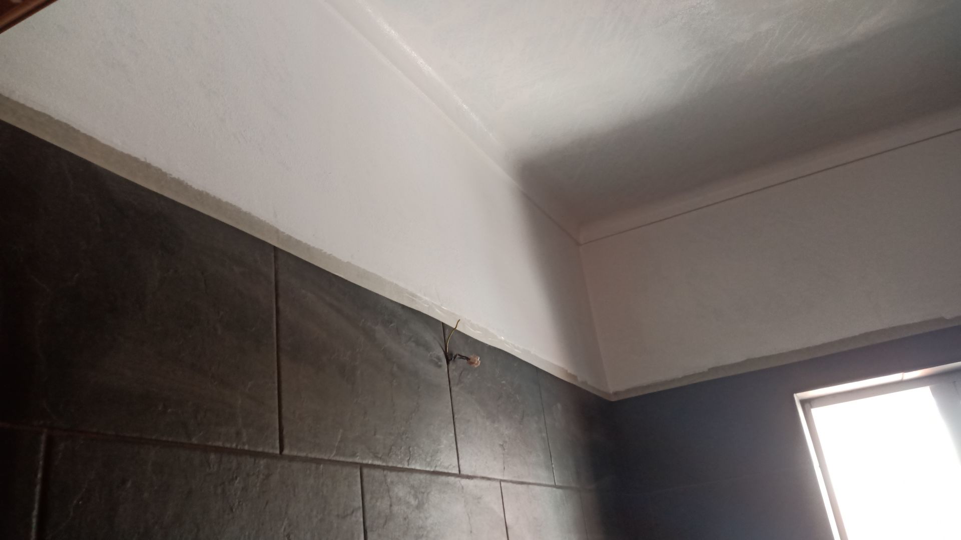 Parede revestida com azulejos escuros encontrando um teto branco, com uma janela visível.