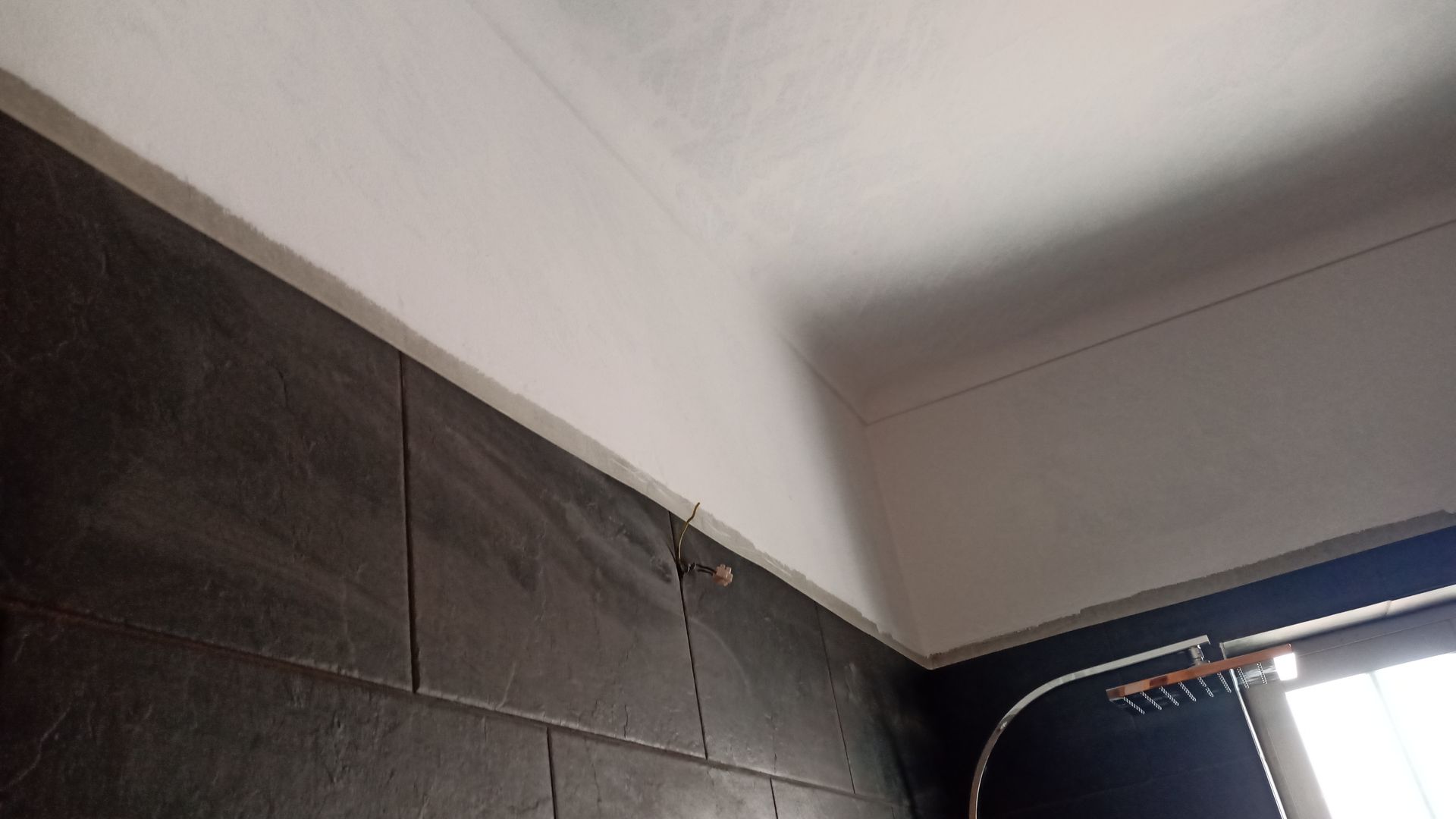 Parede revestida com azulejos escuros, teto e rodapé brancos em um banheiro.