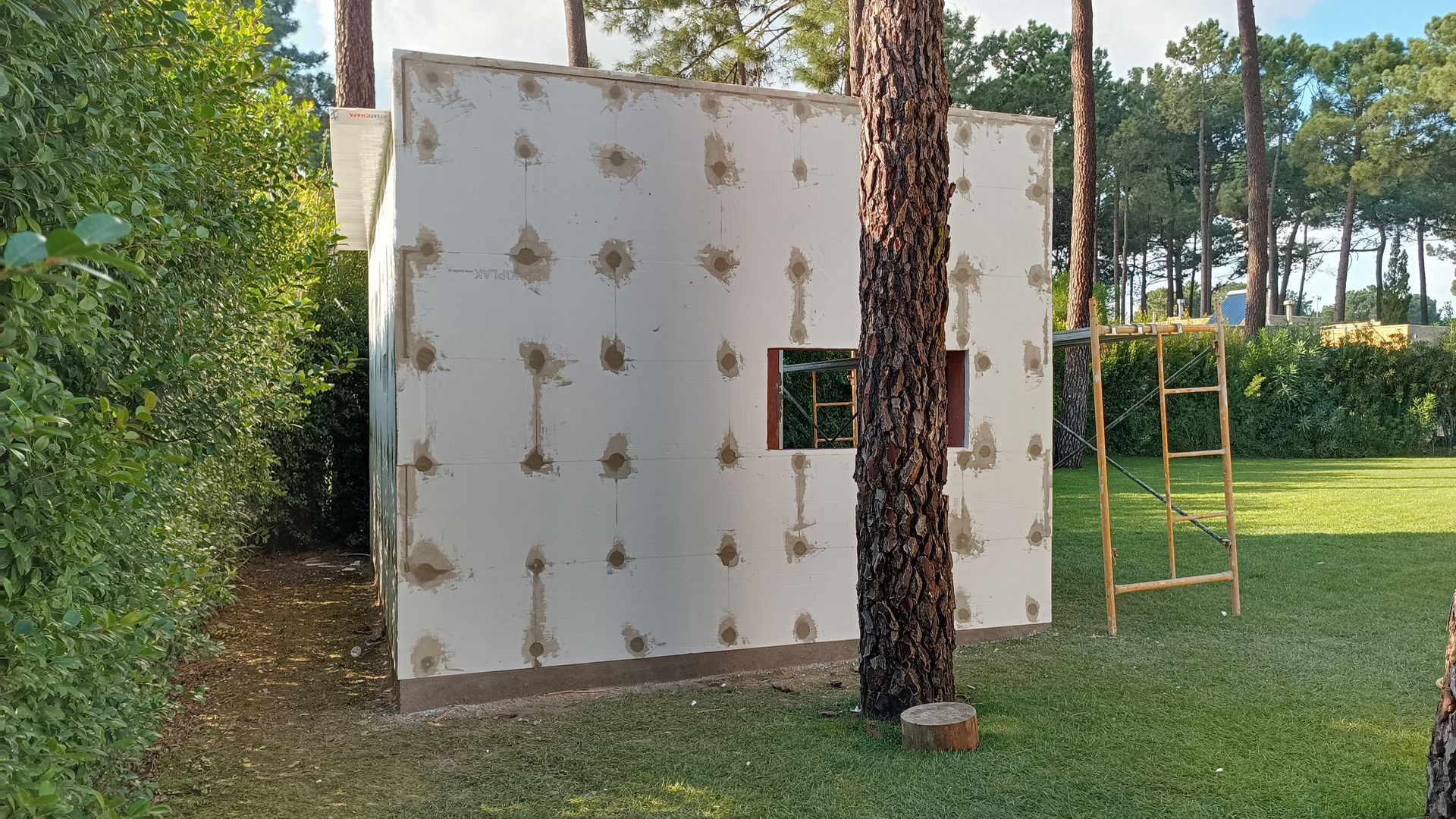 Estrutura branca com janela, árvore em frente, rodeada por árvores e grama, construção em andamento.
