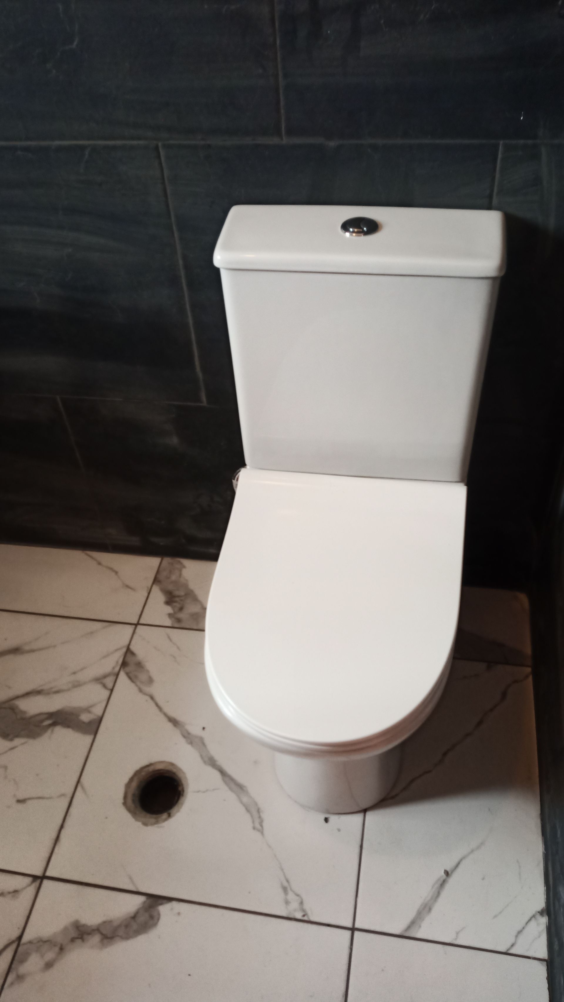 Vaso sanitário branco com a tampa levantada sobre azulejo com estampa de mármore. Parede azul-escura ao fundo.