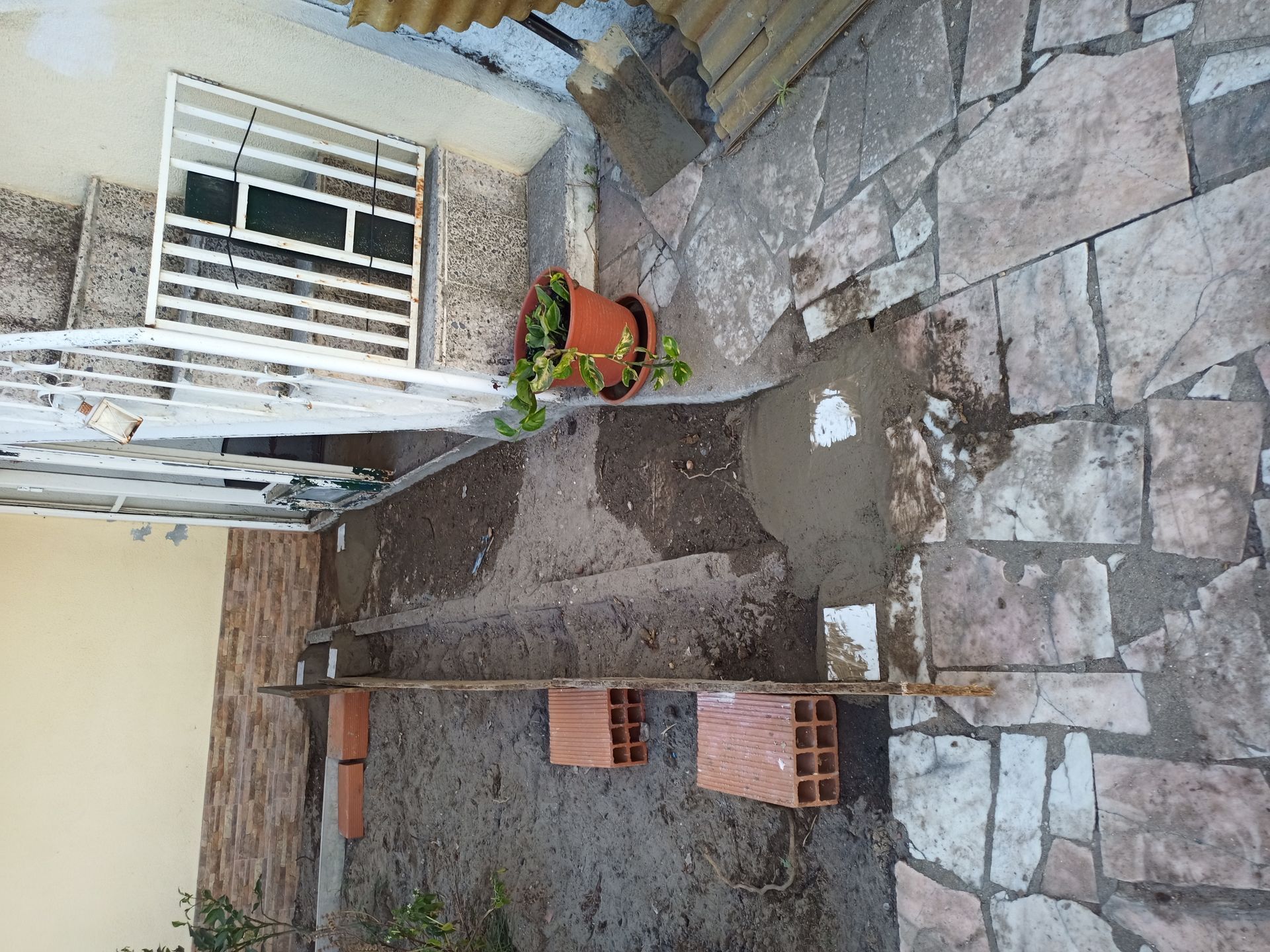 Degraus de pedra que levam a uma janela. Um vaso de planta está sobre os degraus. Os tijolos são visíveis.