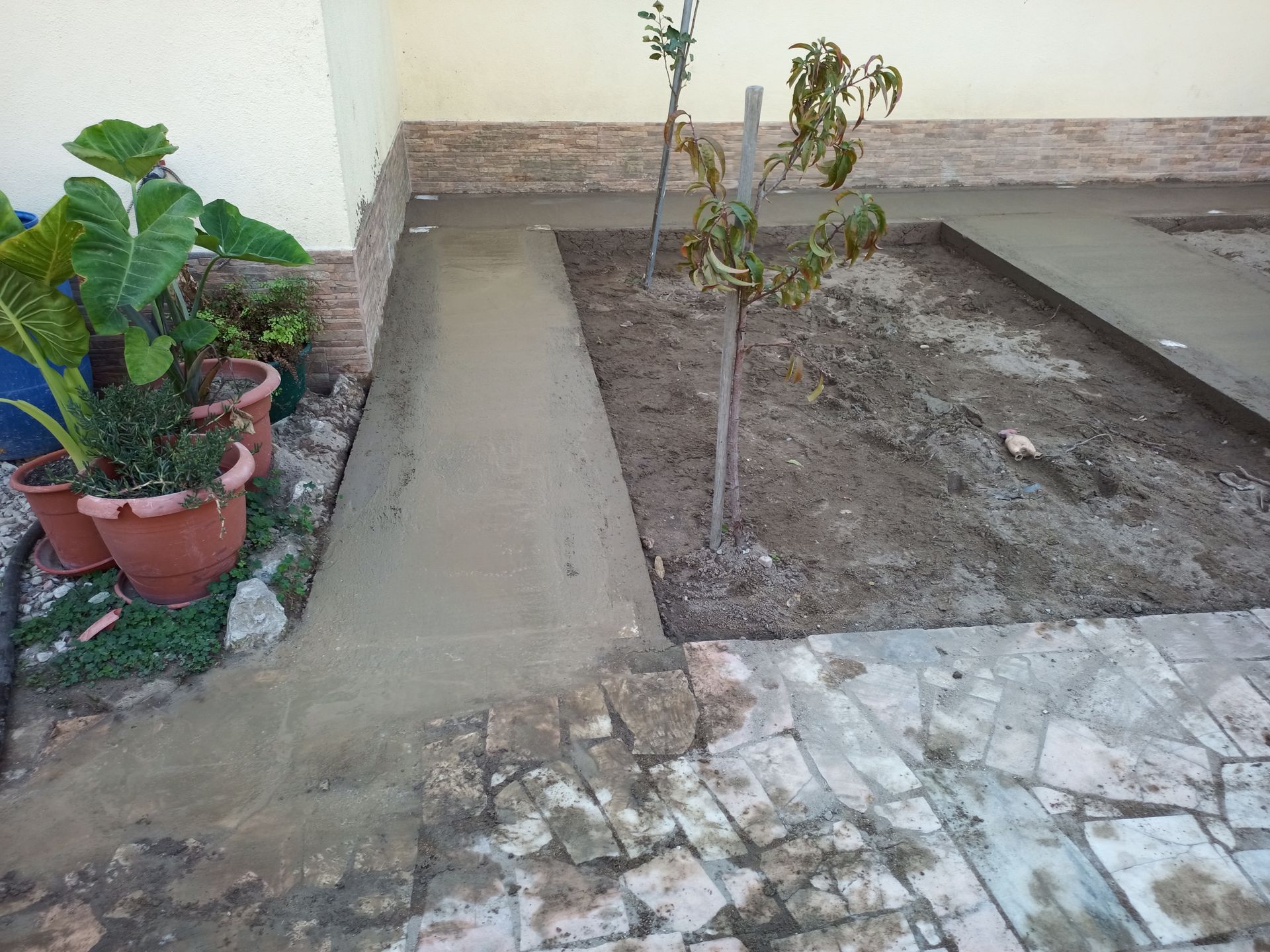 Caminho de concreto recém-construído e canteiros elevados em um jardim externo.