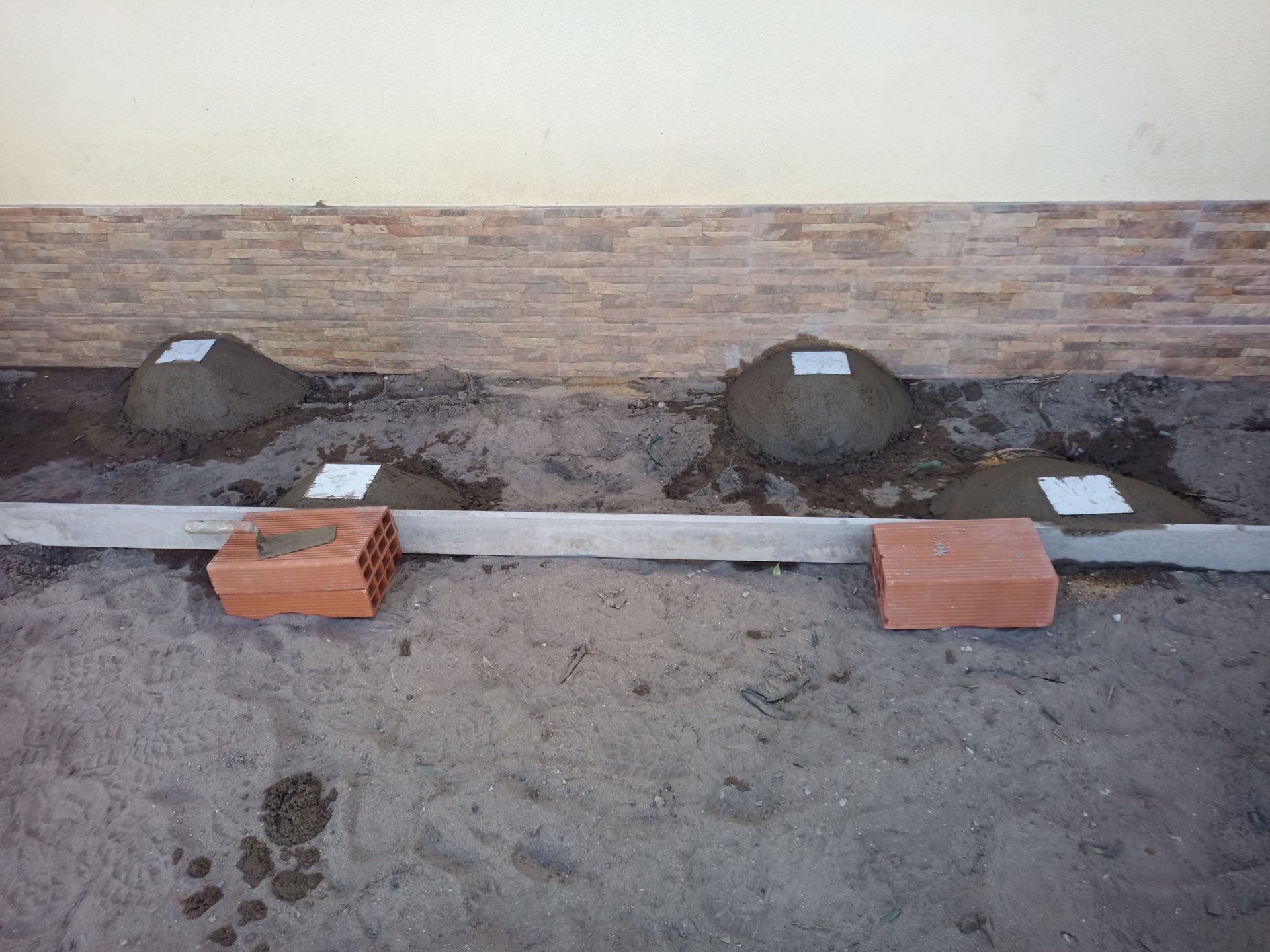 Montículos de concreto com guias de nivelamento, instalados para construção ao ar livre.