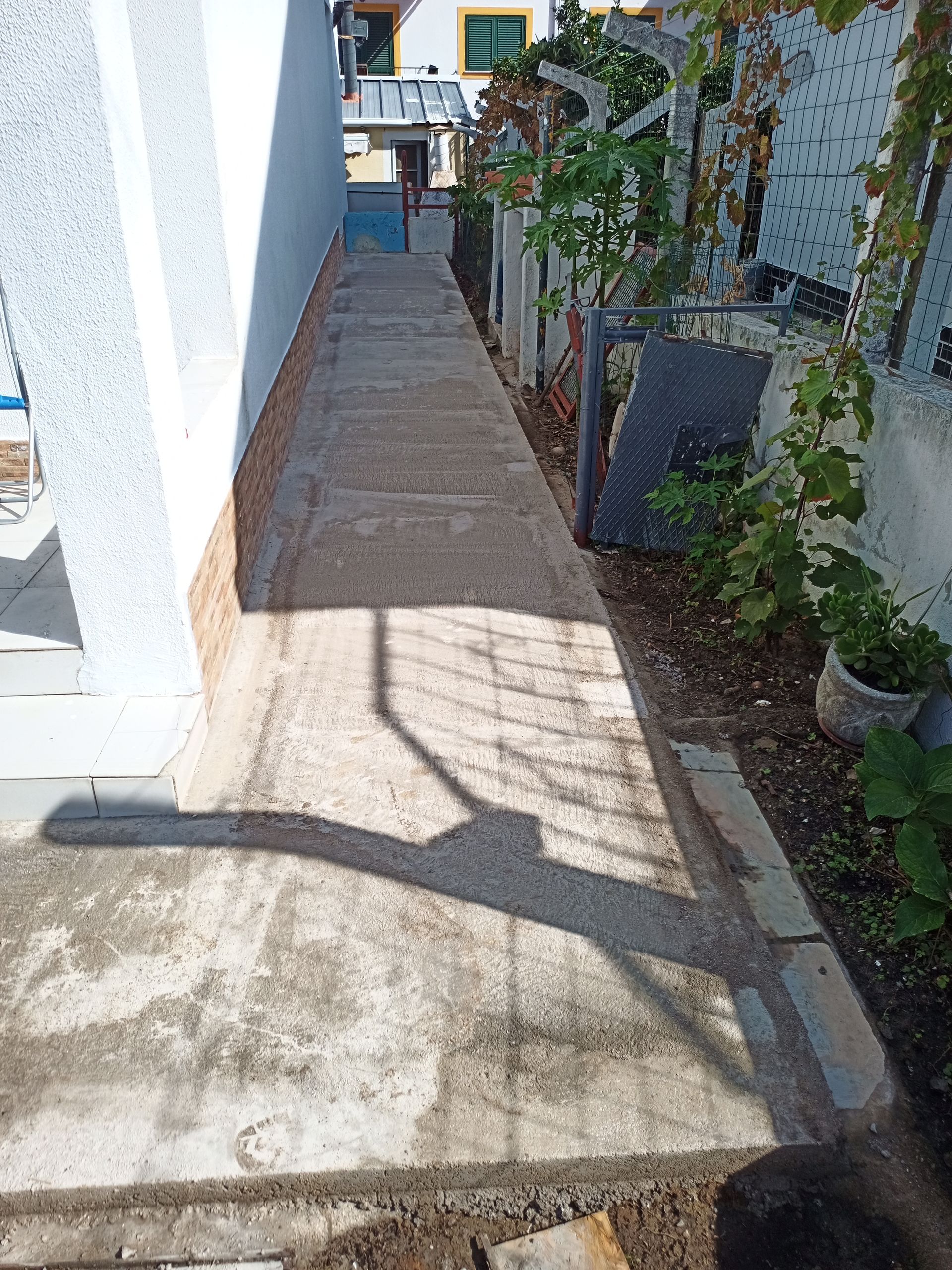 Caminho de concreto entre edifícios, que se estende até o horizonte. Plantas crescem ao longo da lateral; sombras projetadas acima.