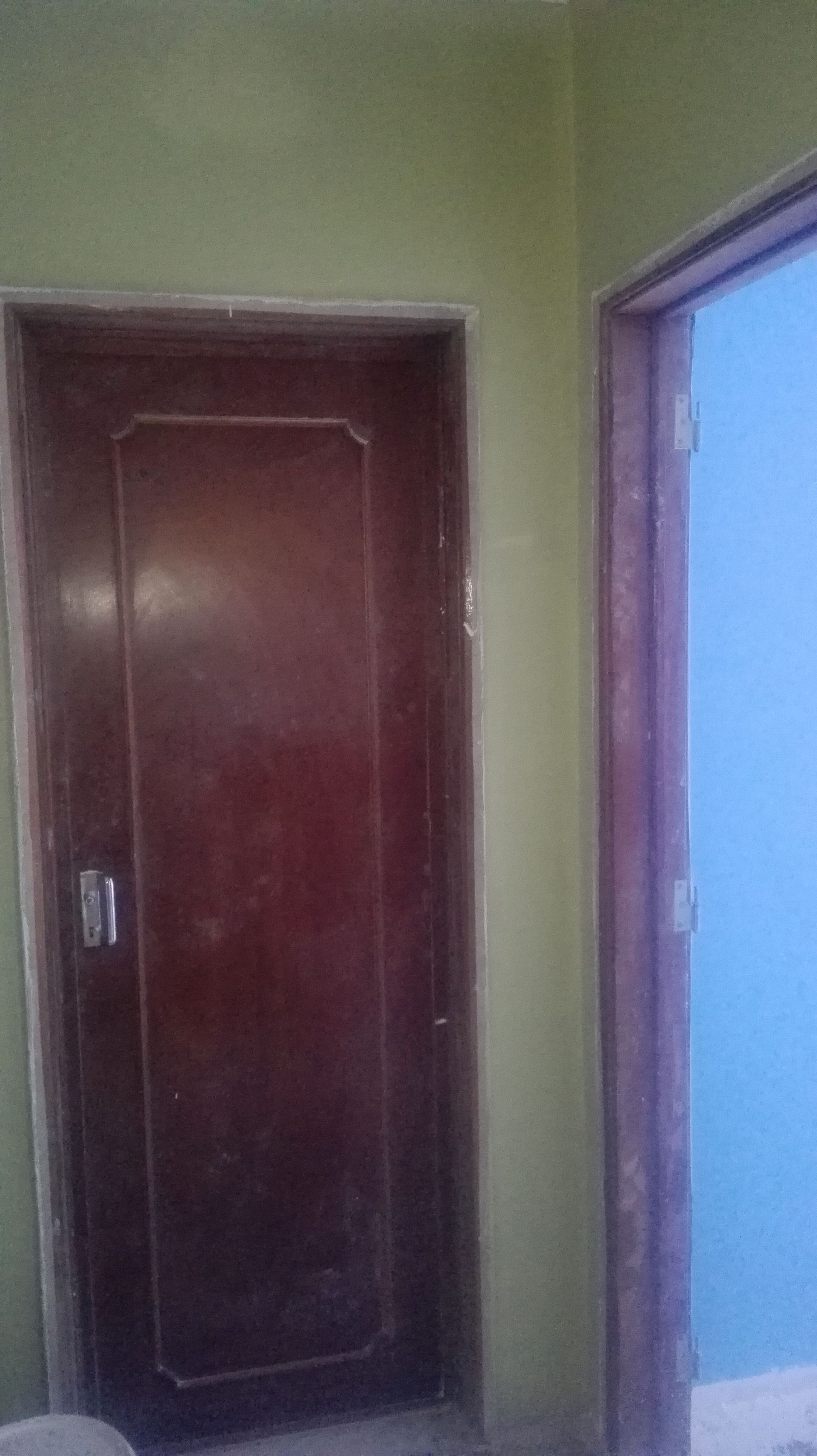 Porta de madeira escura com puxador e moldura prateados, ao lado de uma porta azul. Parede verde.