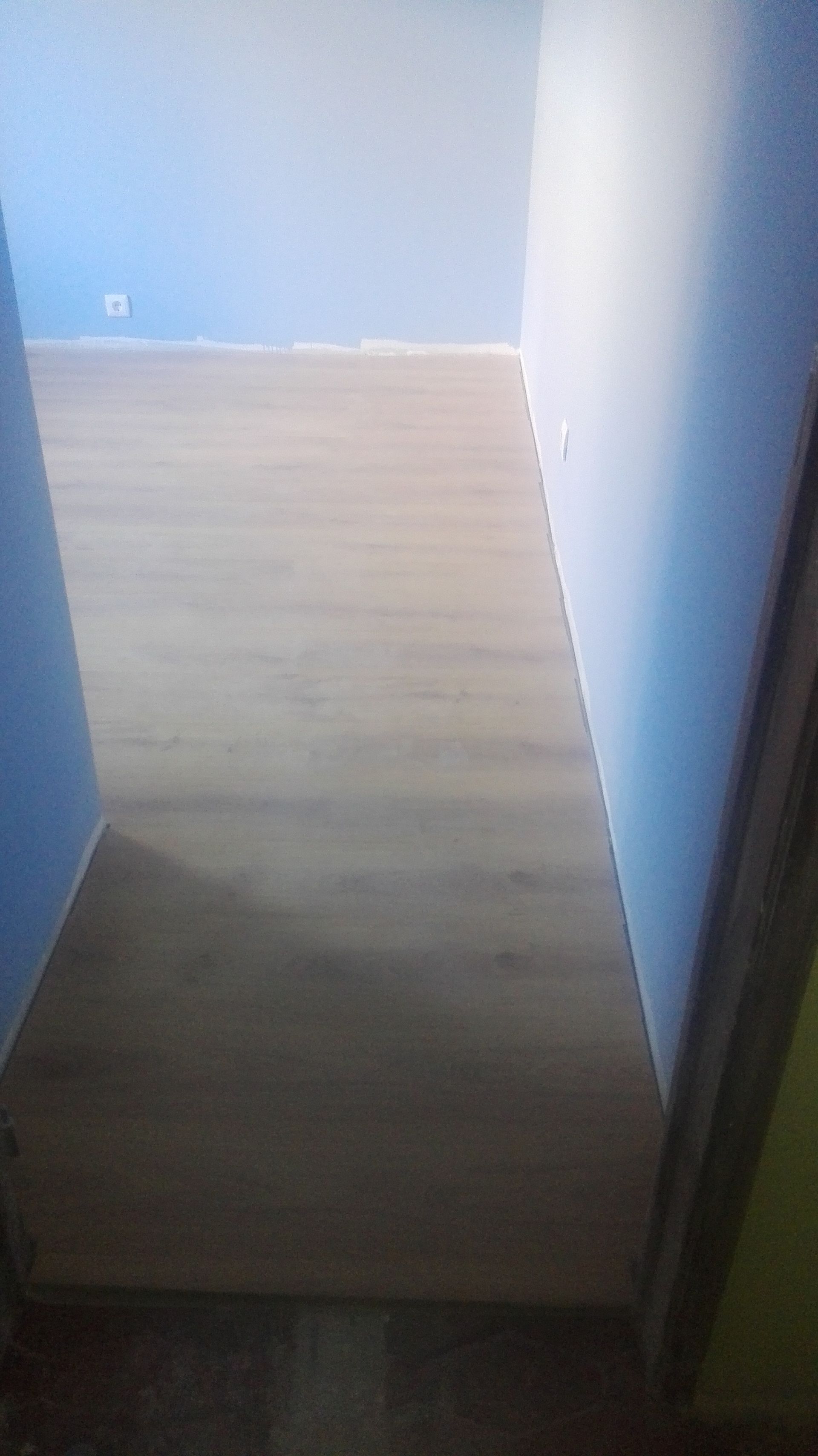 Uma sala com piso que imita madeira em tom castanho claro e paredes azuis, vista de uma porta.