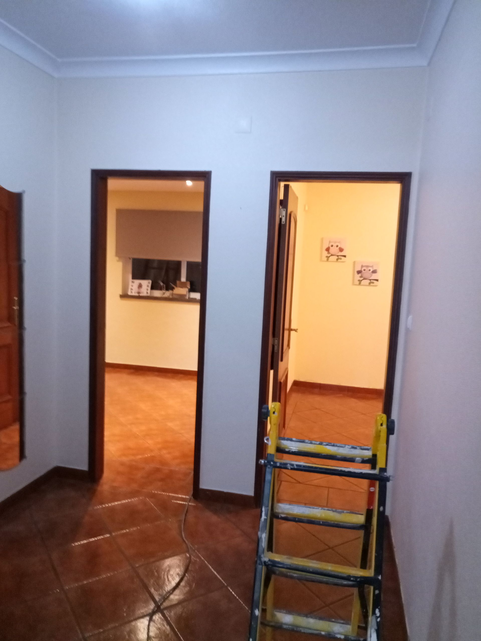 Duas portas abertas em uma sala com piso de azulejo marrom; uma escada está posicionada em frente a uma das portas.