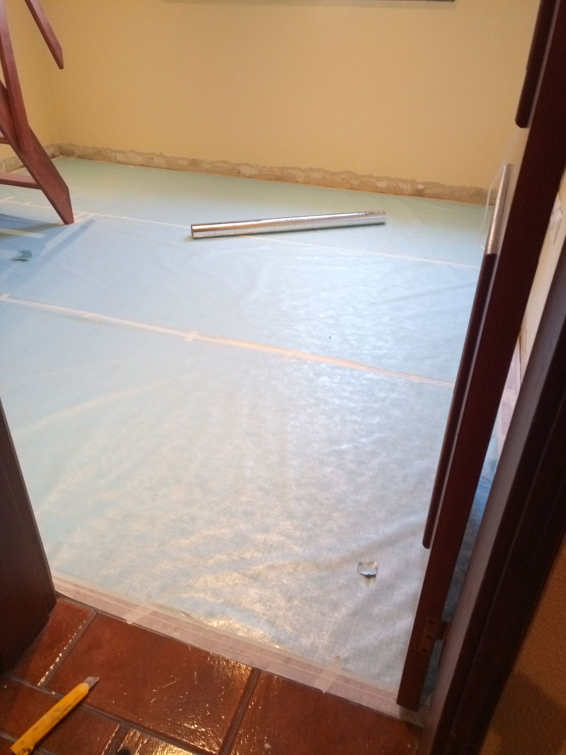 Quarto com forro azul no chão, um nível e porta.