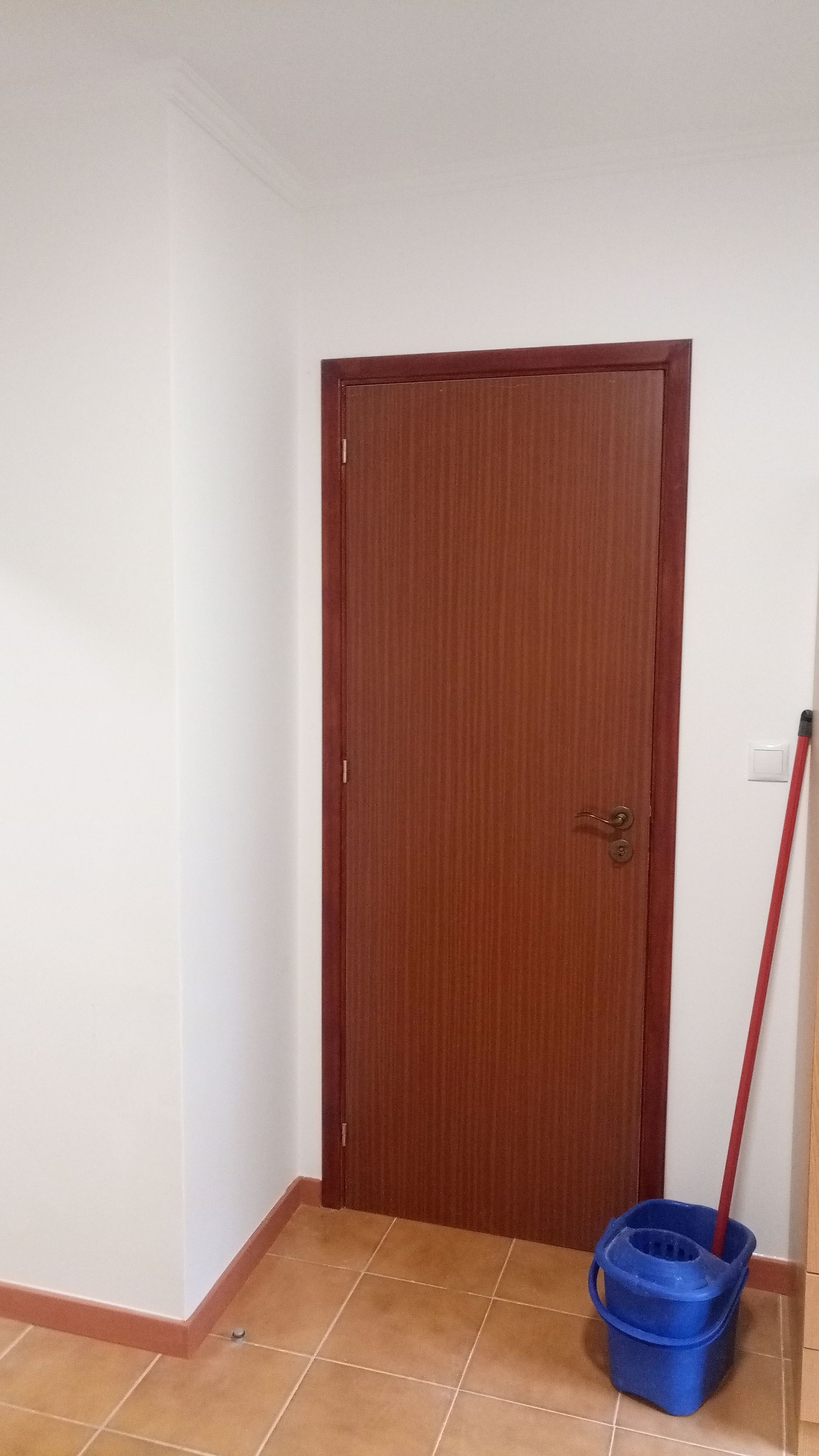 Porta marrom com detalhes escuros em uma sala com paredes brancas e piso de azulejo; um balde azul e um esfregão vermelho estão presentes.