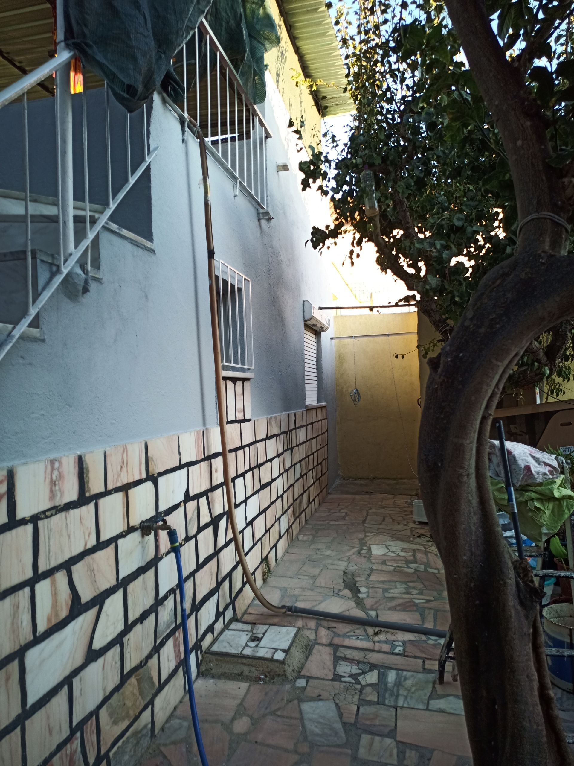 Exterior do edifício com parede de tijolos, passagem estreita, árvore e escadas.