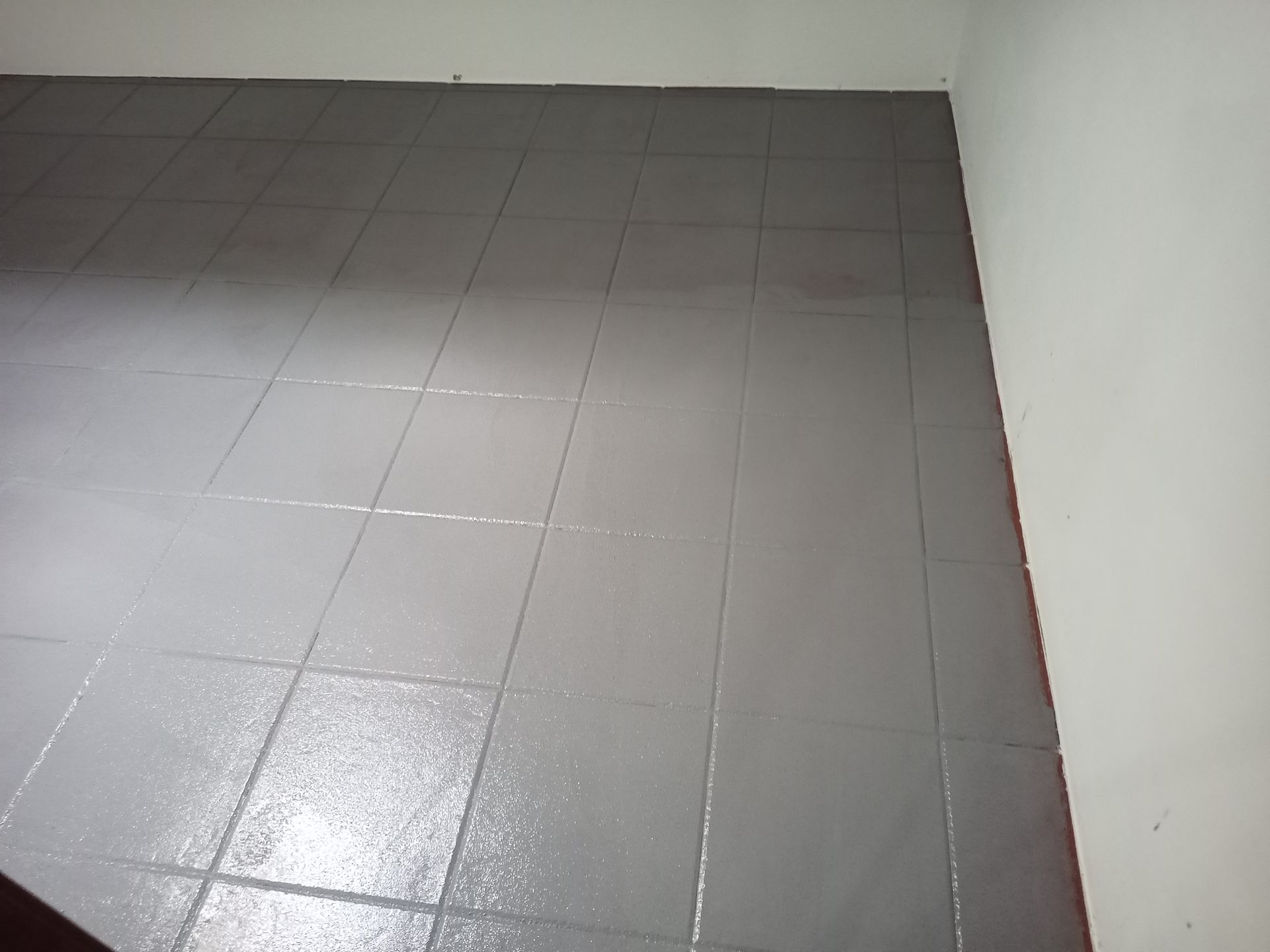 Piso de ladrilho cinza, provavelmente recém-pintado, em um cômodo com paredes brancas e um toque de vermelho na base.