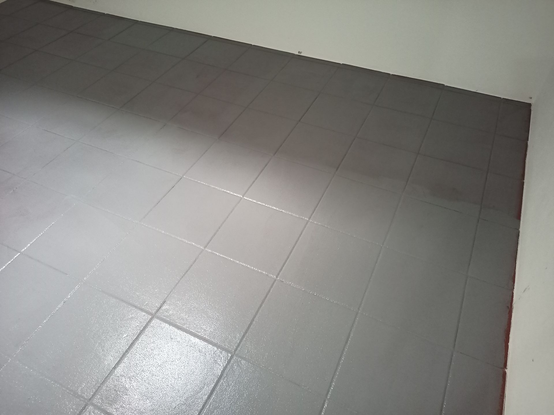 Piso de azulejos cinza com paredes brancas.