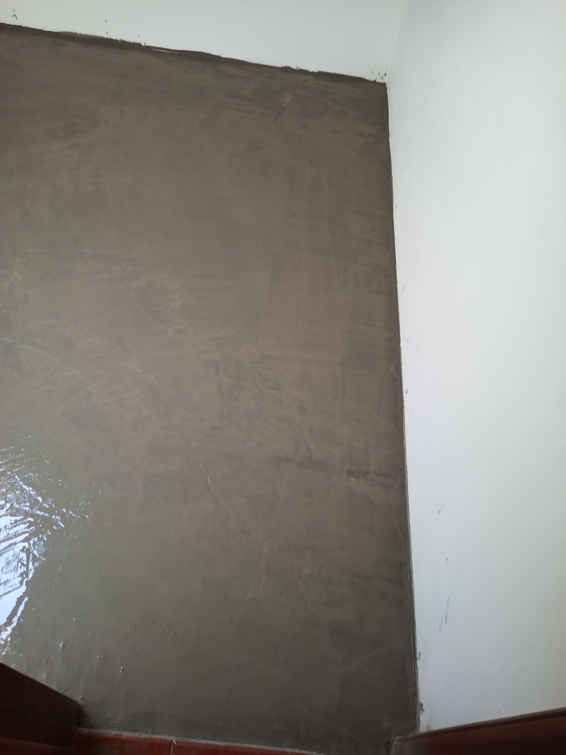 Cimento cinza e úmido cobrindo uma parede no canto de uma sala, adjacente a uma parede branca.