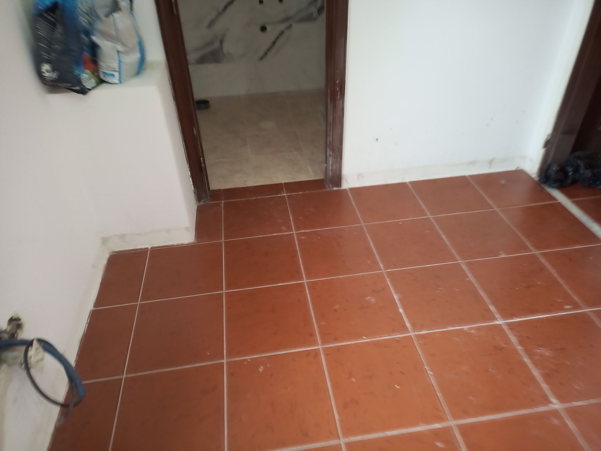 Piso de azulejo marrom com porta aberta para um banheiro. Paredes brancas.