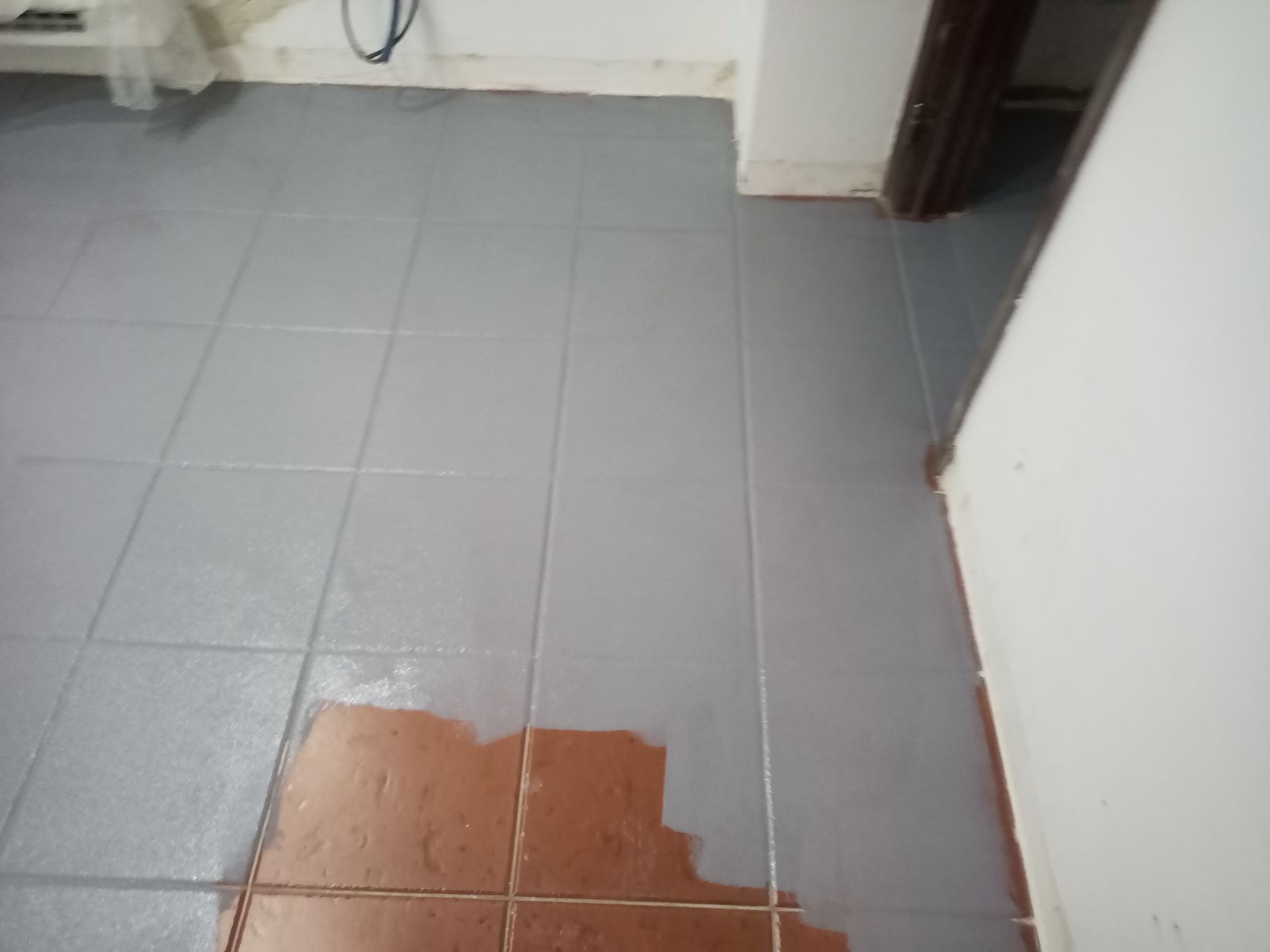 Piso de azulejos cinza com líquido marrom acumulado sobre os azulejos. Paredes brancas e uma porta são visíveis.