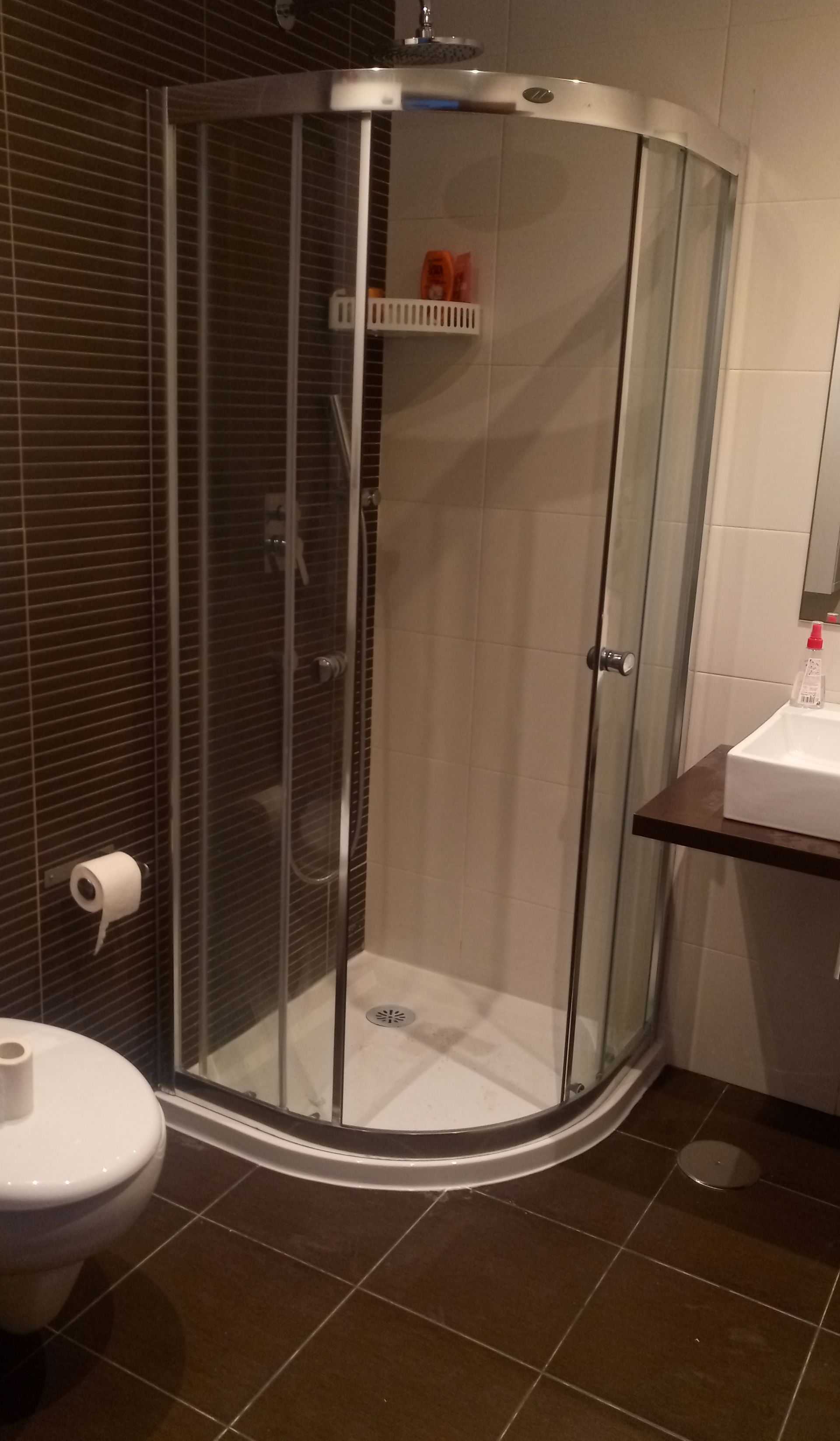 Banheiro com box de vidro curvo, vaso sanitário e azulejos marrom-escuros.