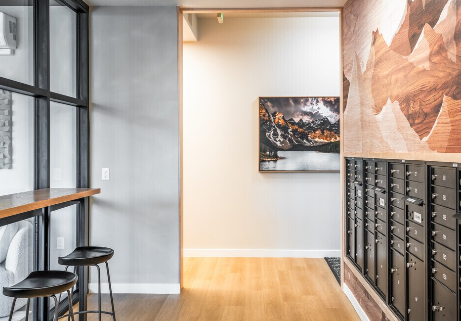 Photo of a community hallway with a mailbox area