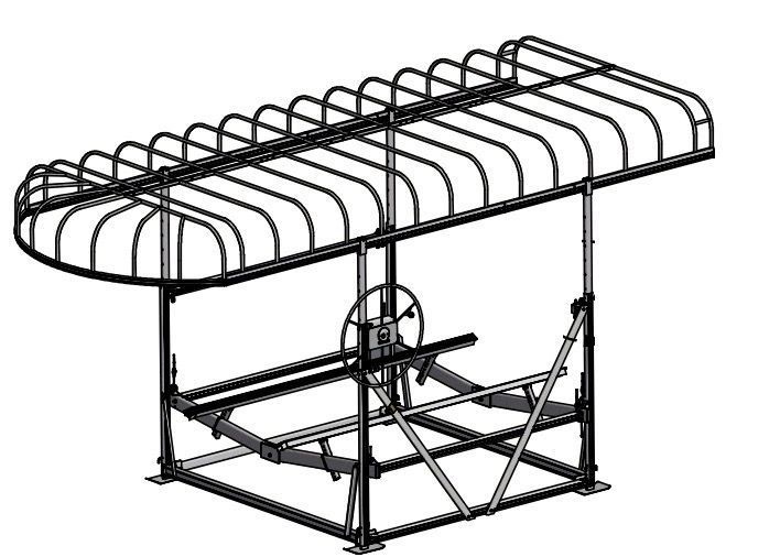 A black and white drawing of a metal structure with a canopy.